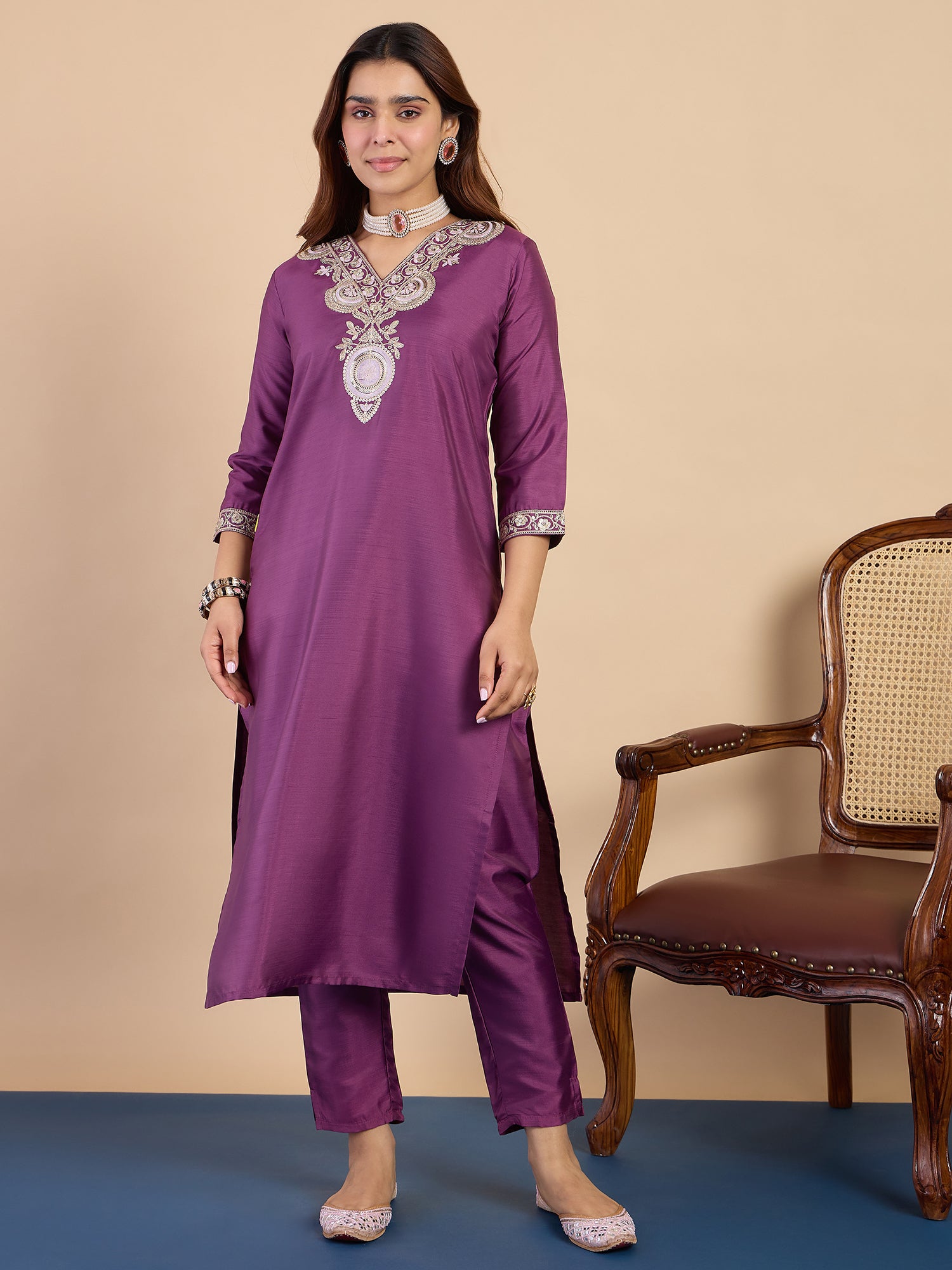 Rhea Women's Purple Embroidered Neckline Straight Kurta Set with Scalloped Dupatta