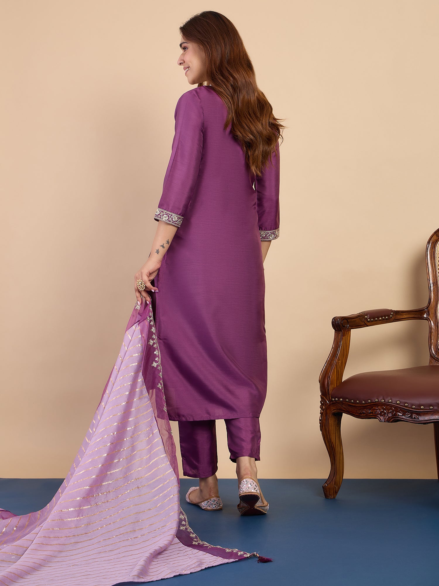 Rhea Women's Purple Embroidered Neckline Straight Kurta Set with Scalloped Dupatta
