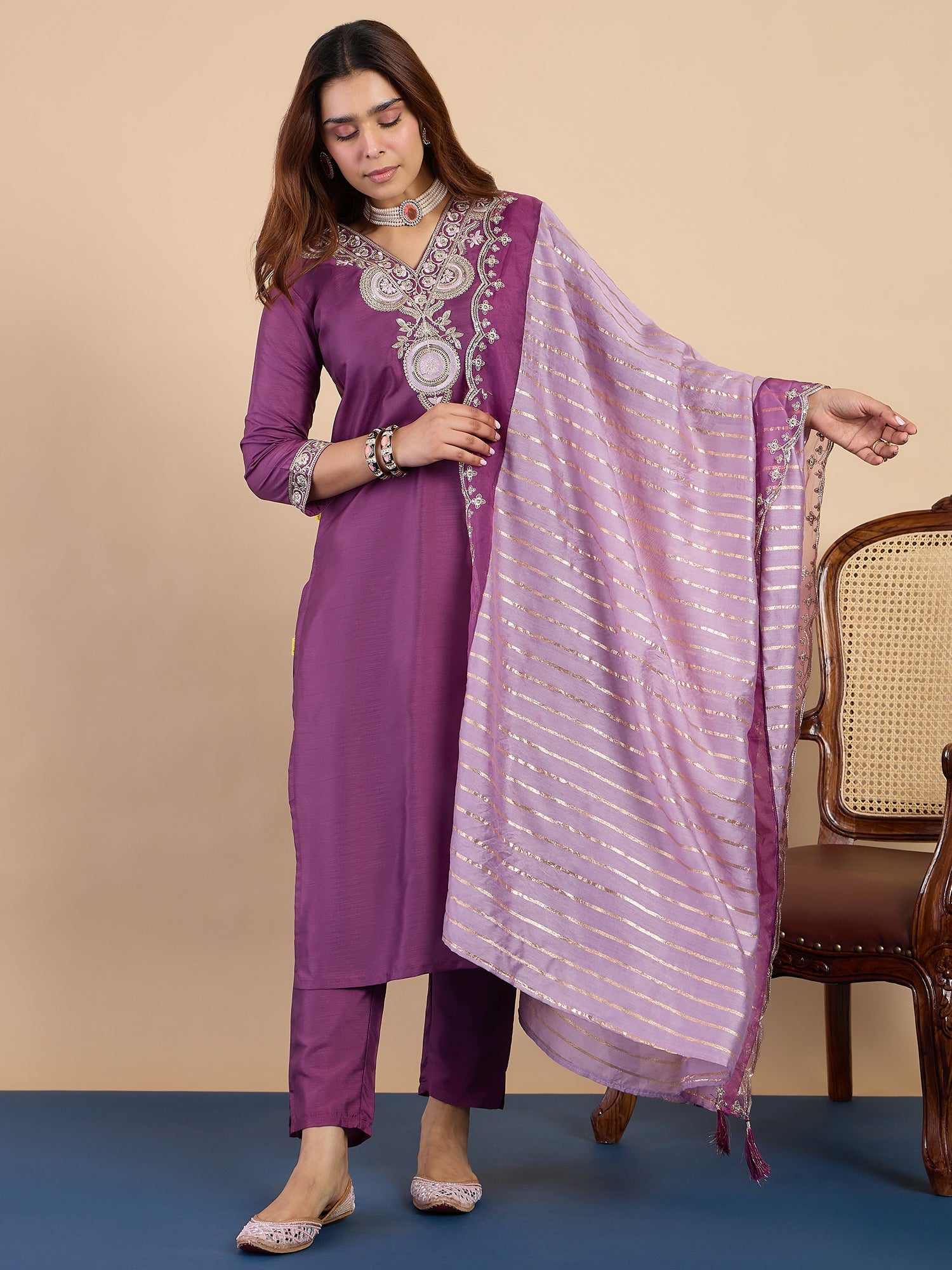 Rhea Women's Purple Embroidered Neckline Straight Kurta Set with Scalloped Dupatta