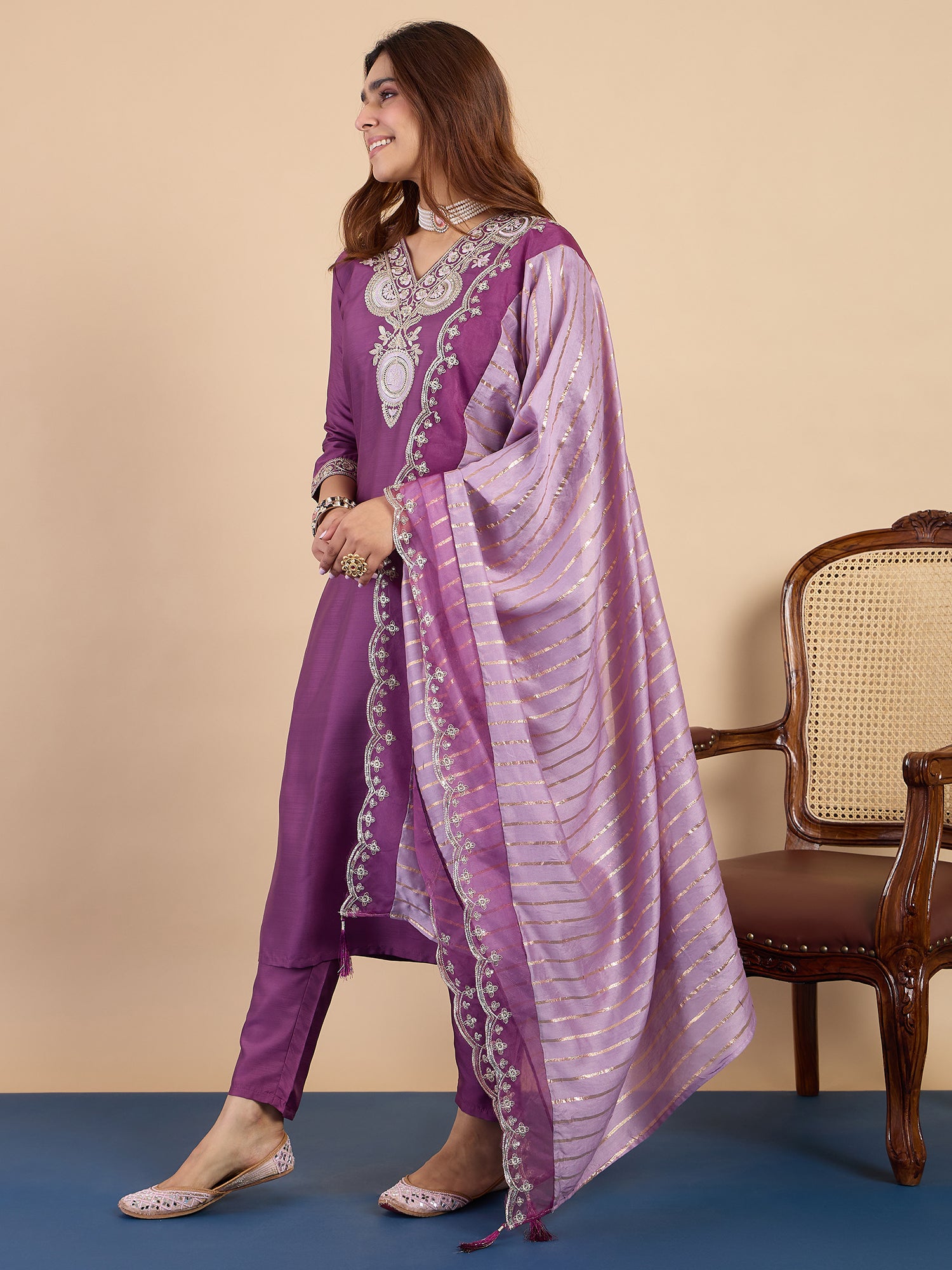 Rhea Women's Purple Embroidered Neckline Straight Kurta Set with Scalloped Dupatta