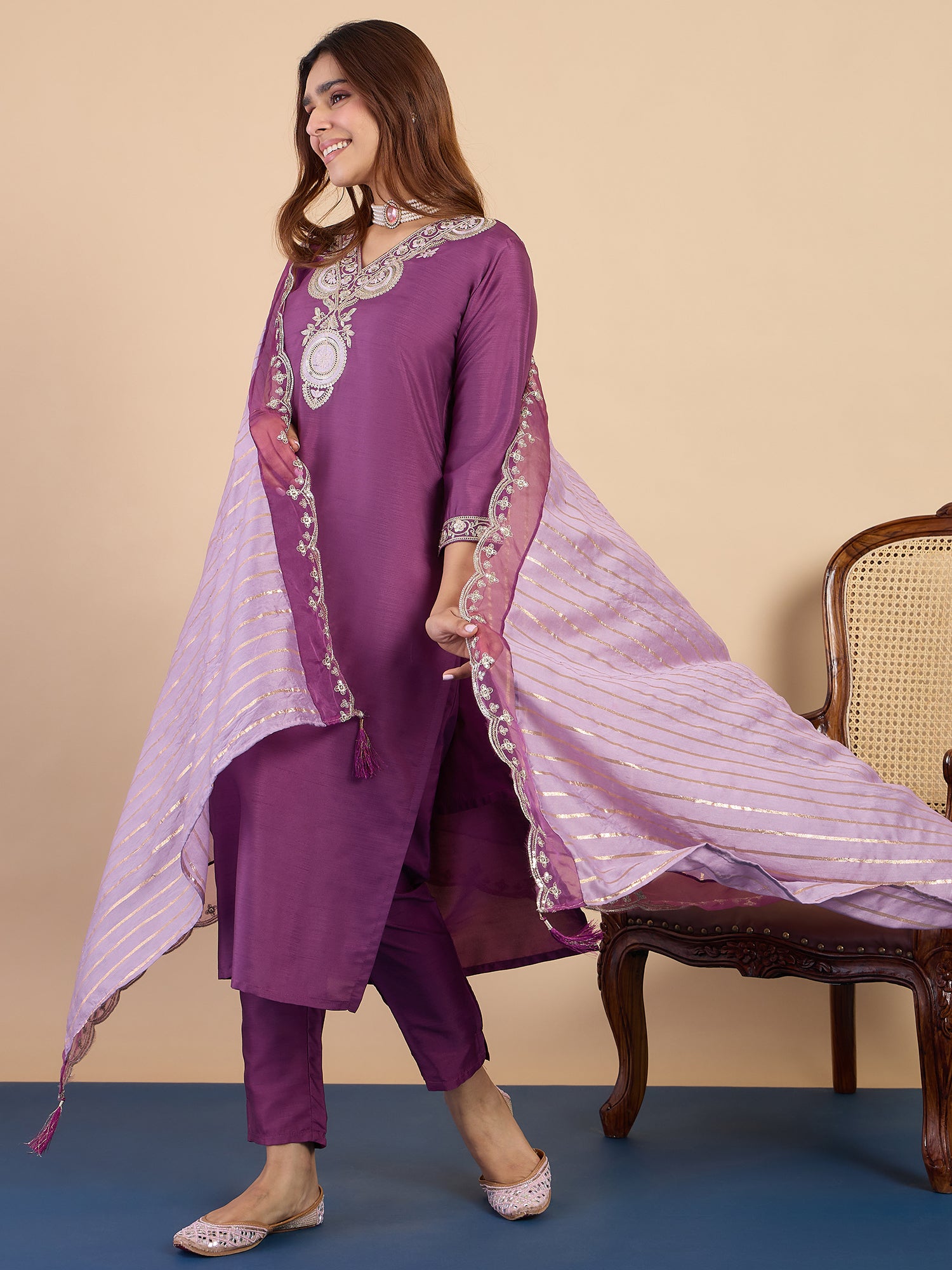 Rhea Women's Purple Embroidered Neckline Straight Kurta Set with Scalloped Dupatta