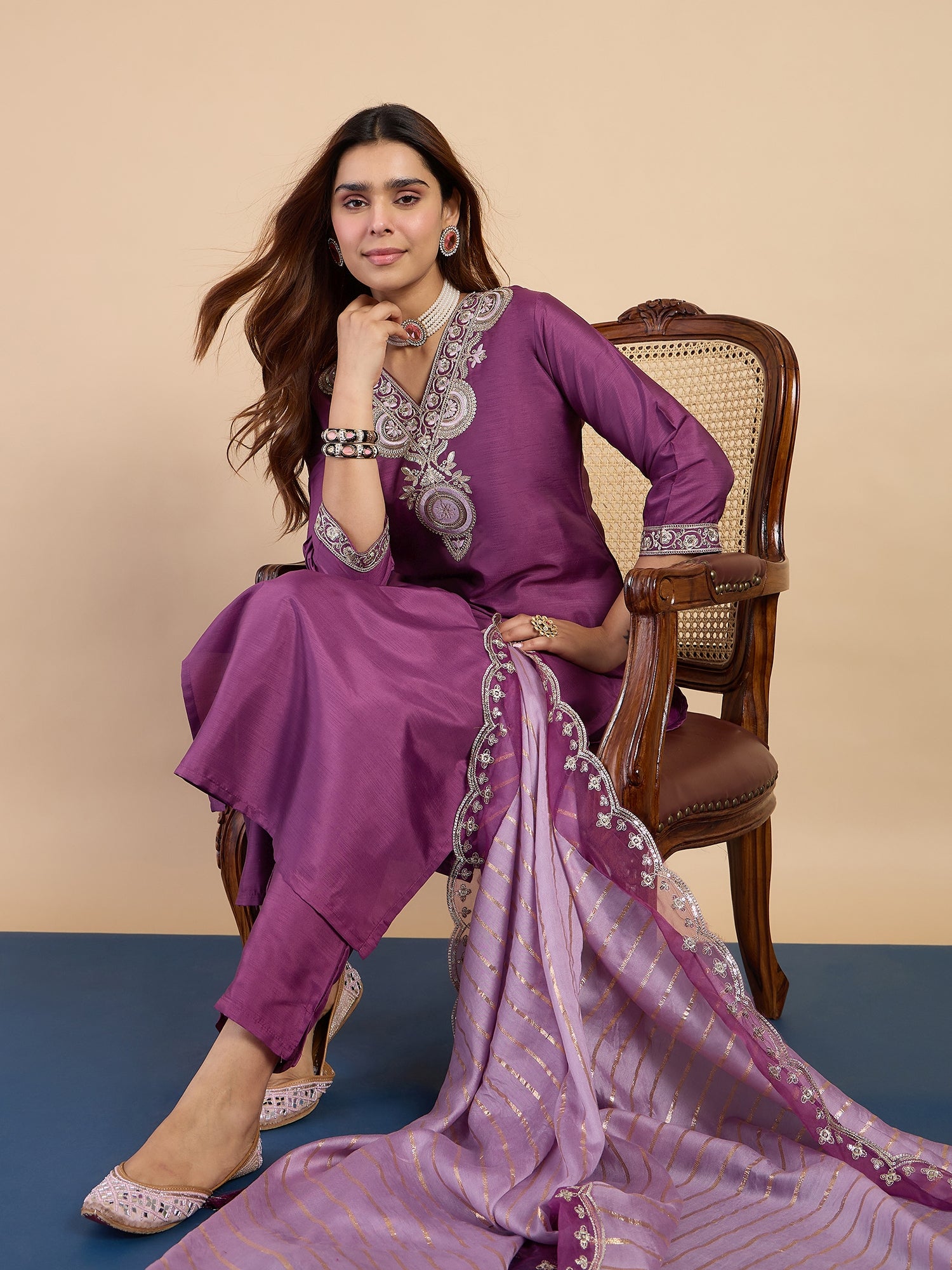 Rhea Women's Purple Embroidered Neckline Straight Kurta Set with Scalloped Dupatta