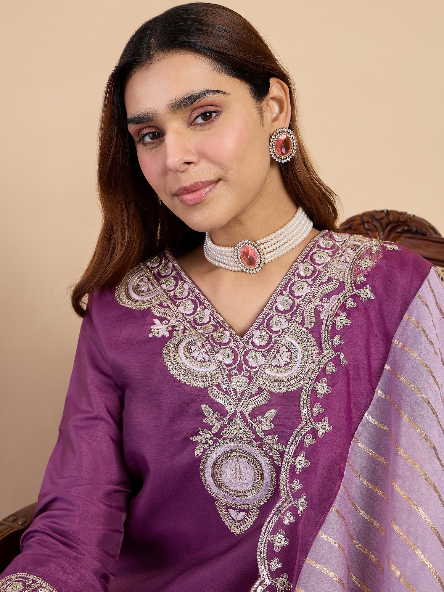 Rhea Women's Purple Embroidered Neckline Straight Kurta Set with Scalloped Dupatta