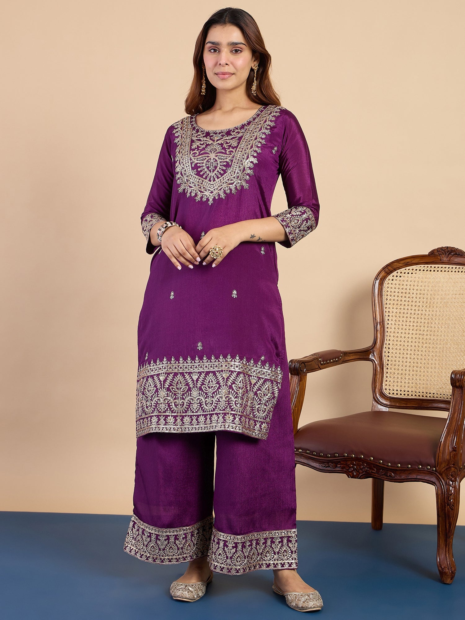 Alisha Women's Purple Festive Kurta Set with Scalloped Border Organza Dupatta