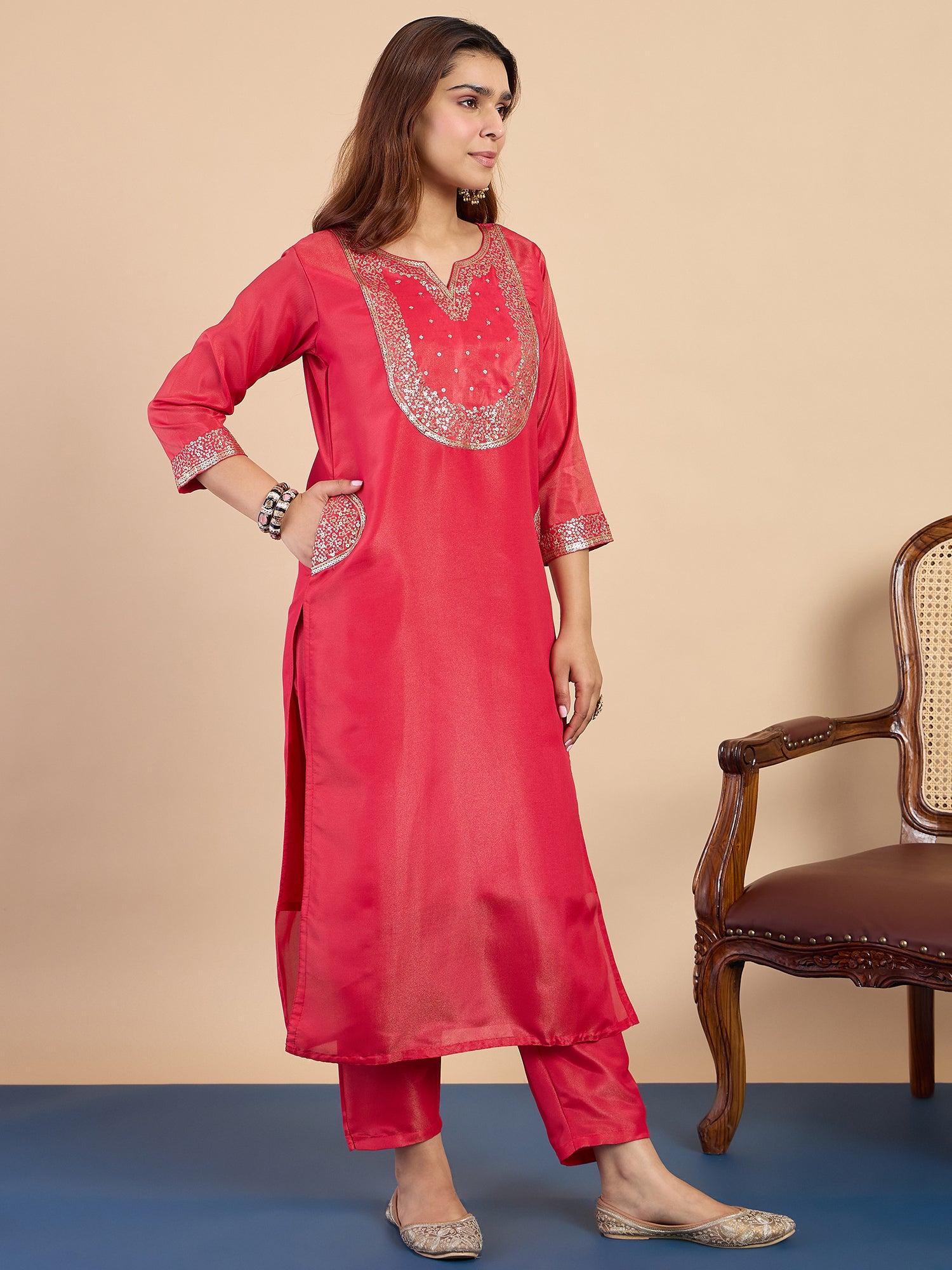 Isha Women's Pink Festive Kurta Set with Sheer Lace Border Dupatta