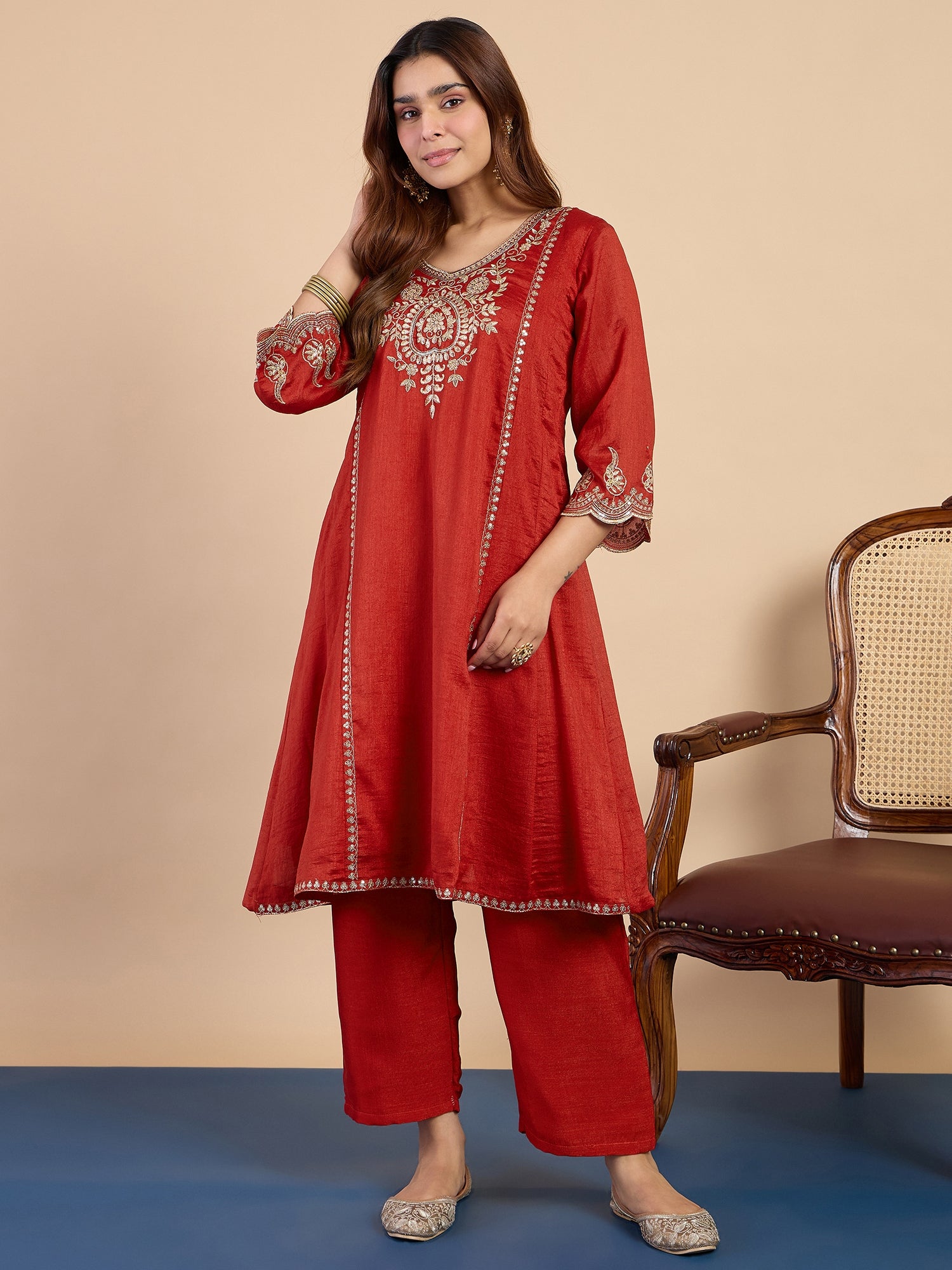 Shanaya Women's Rust Silk Blend Embroidered Straight Kurta Set with Dupatta