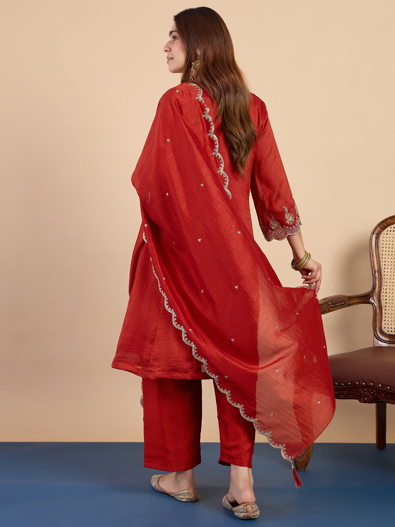 Shanaya Women's Rust Silk Blend Embroidered Straight Kurta Set with Dupatta