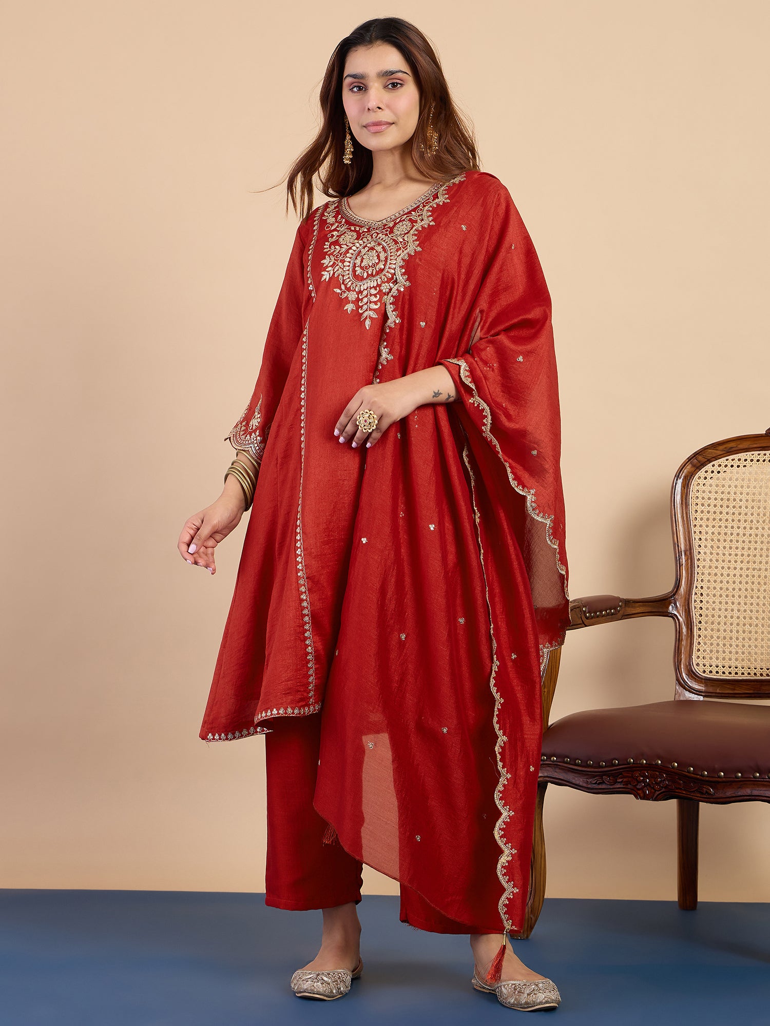 Shanaya Women's Rust Silk Blend Embroidered Straight Kurta Set with Dupatta