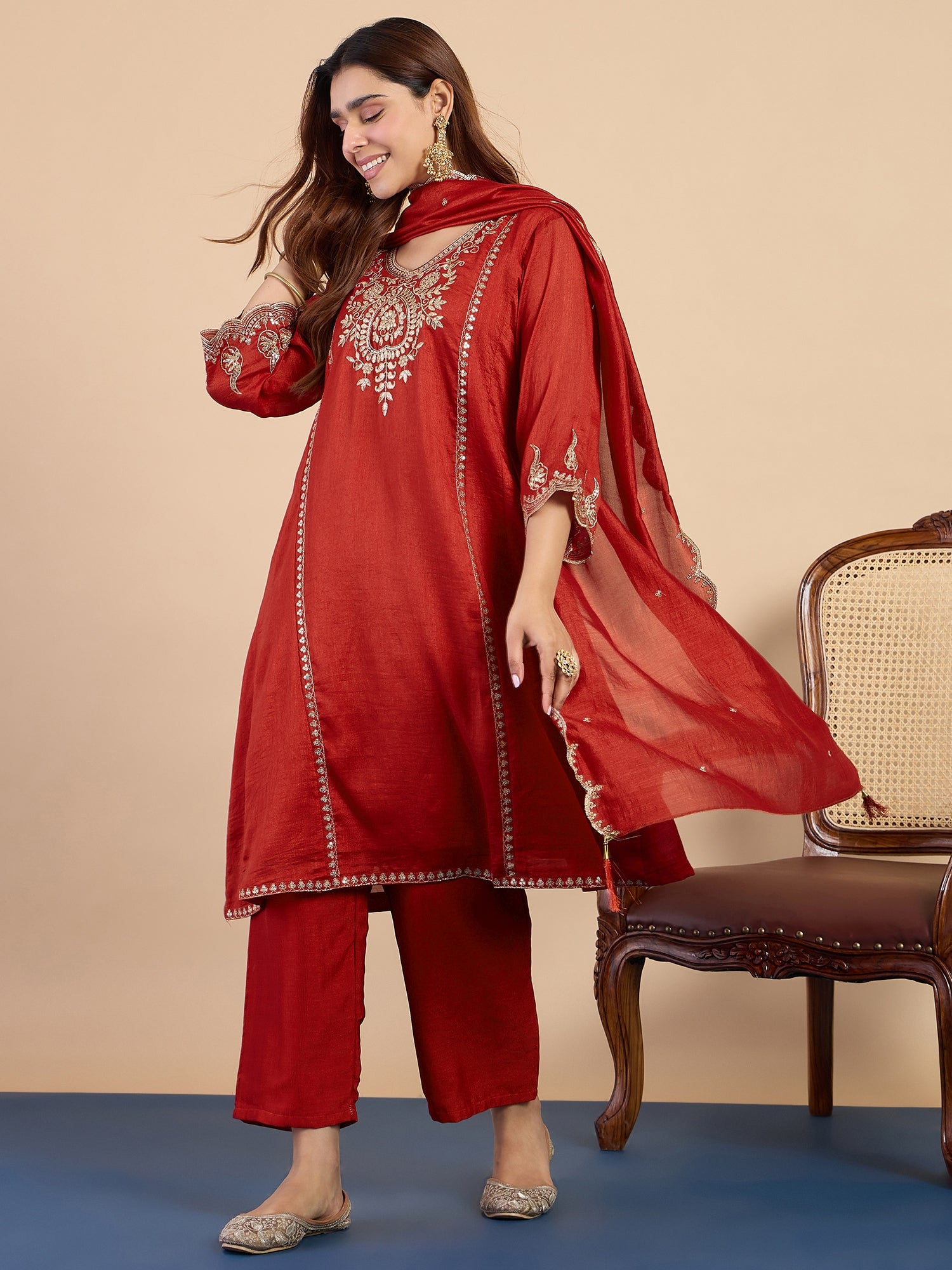 Shanaya Women's Rust Silk Blend Embroidered Straight Kurta Set with Dupatta