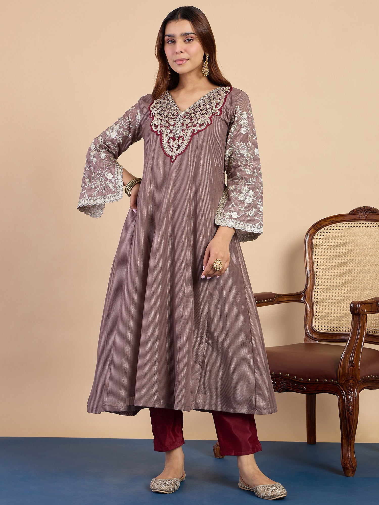 Ishita Women's Grey Festive Embroidered A-Line Kurta Set