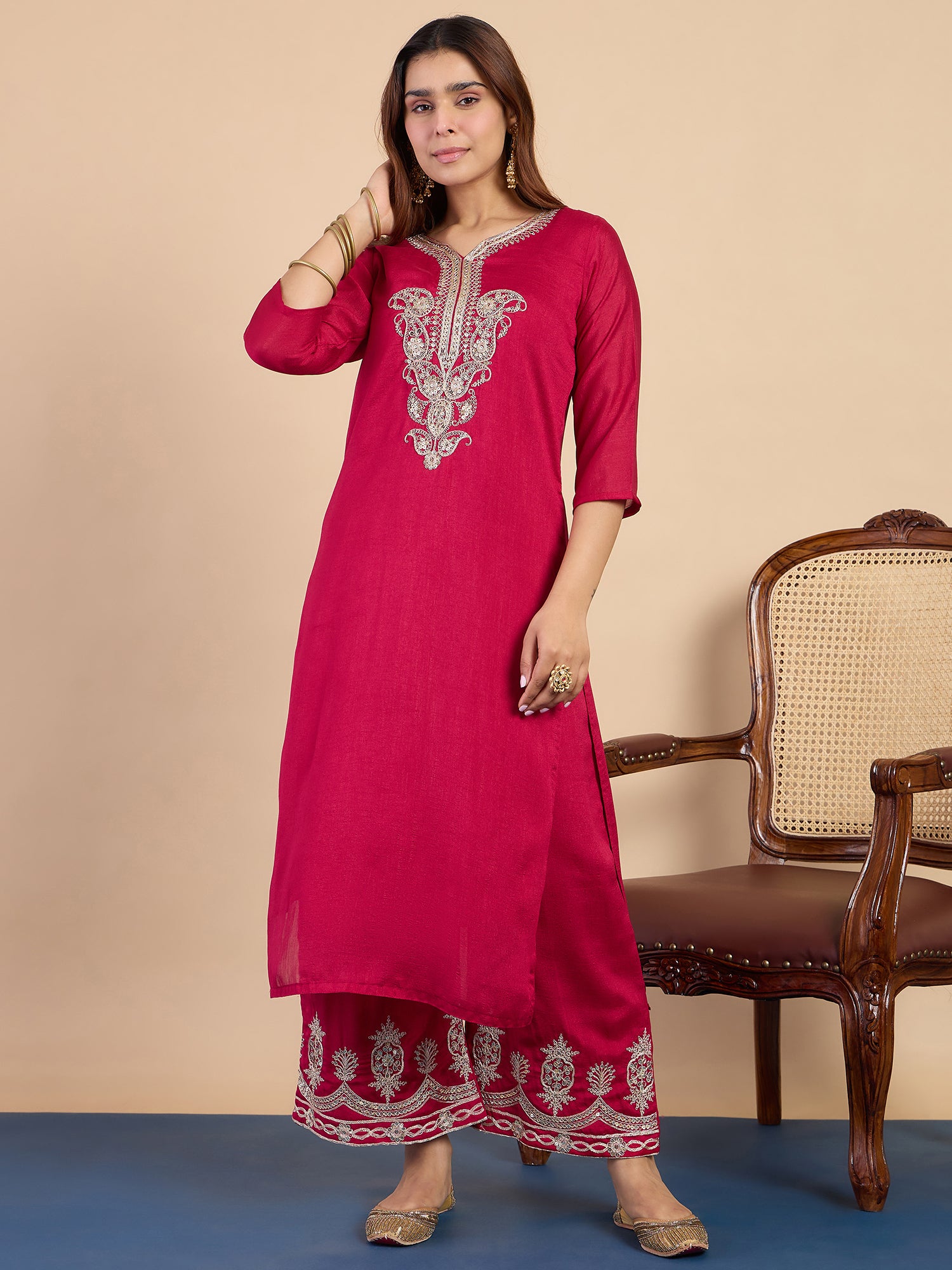 Noyonika Women's Rani Festive Kurta Set with Gota Trim Dupatta