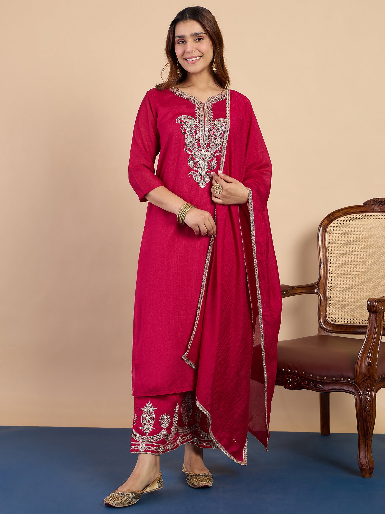 Noyonika Women's Rani Festive Kurta Set with Gota Trim Dupatta