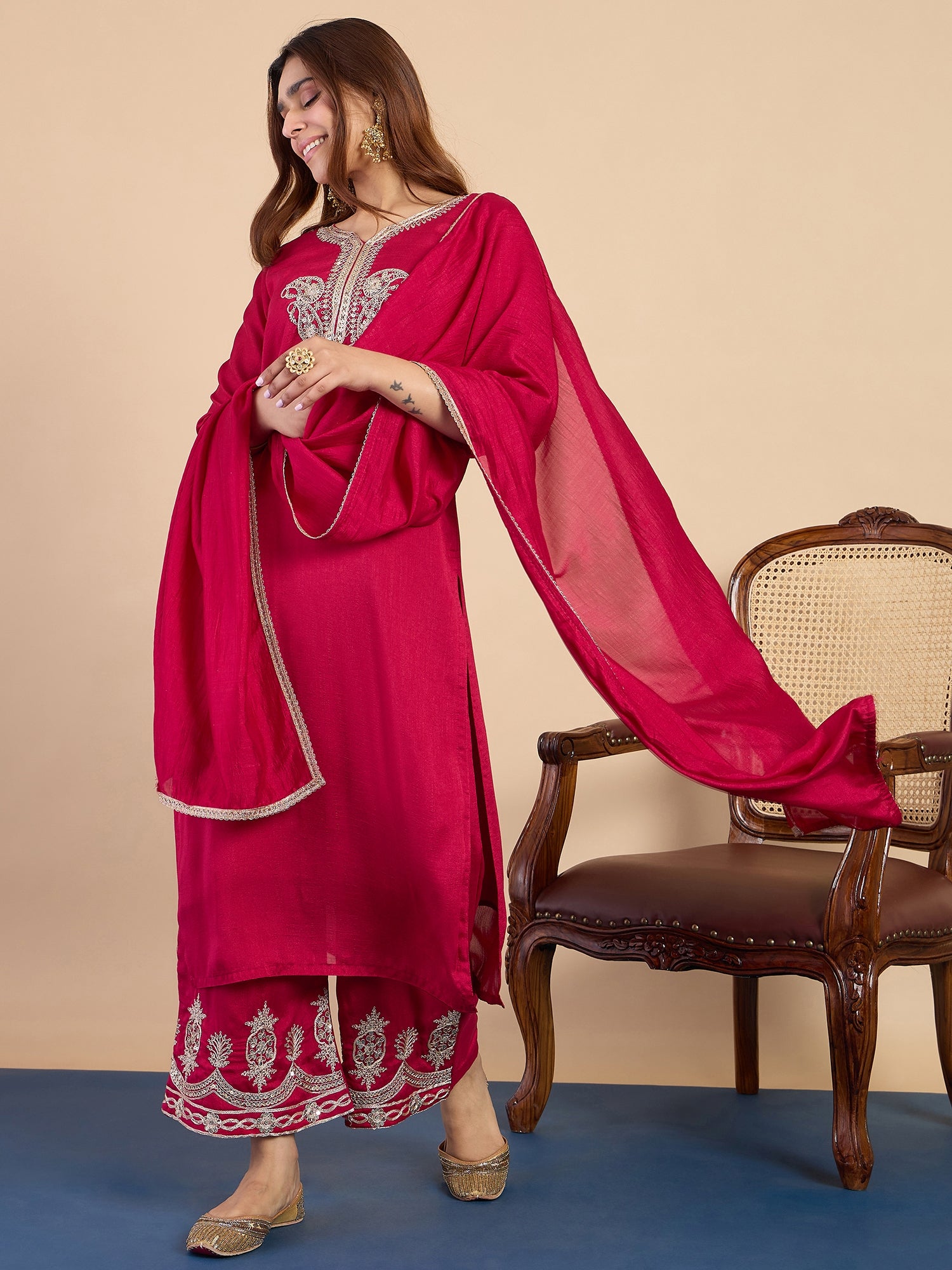 Noyonika Women's Rani Festive Kurta Set with Gota Trim Dupatta