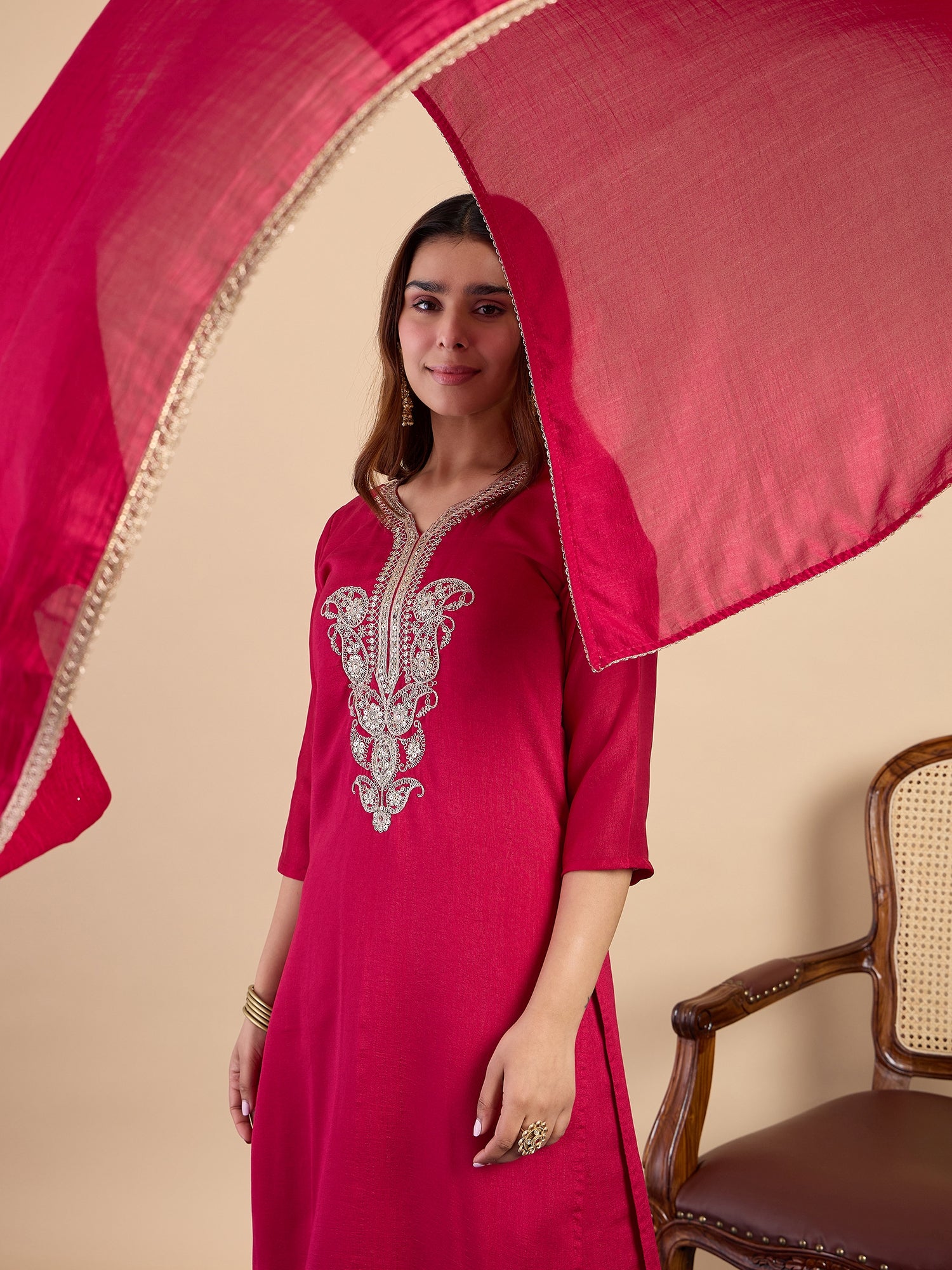 Noyonika Women's Rani Festive Kurta Set with Gota Trim Dupatta