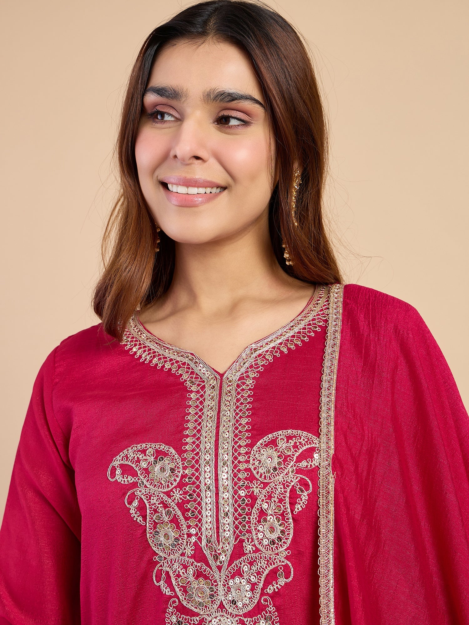Noyonika Women's Rani Festive Kurta Set with Gota Trim Dupatta