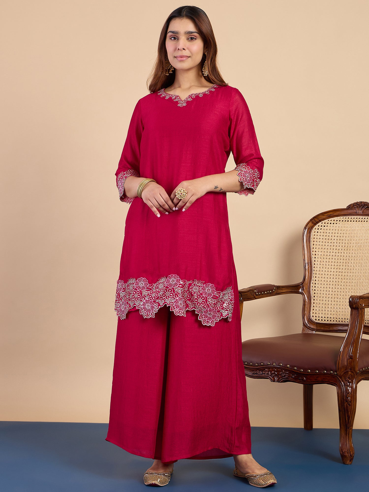 Khushi Women's Rani Festive Embroidered Yoke Kurta Palazzo Set