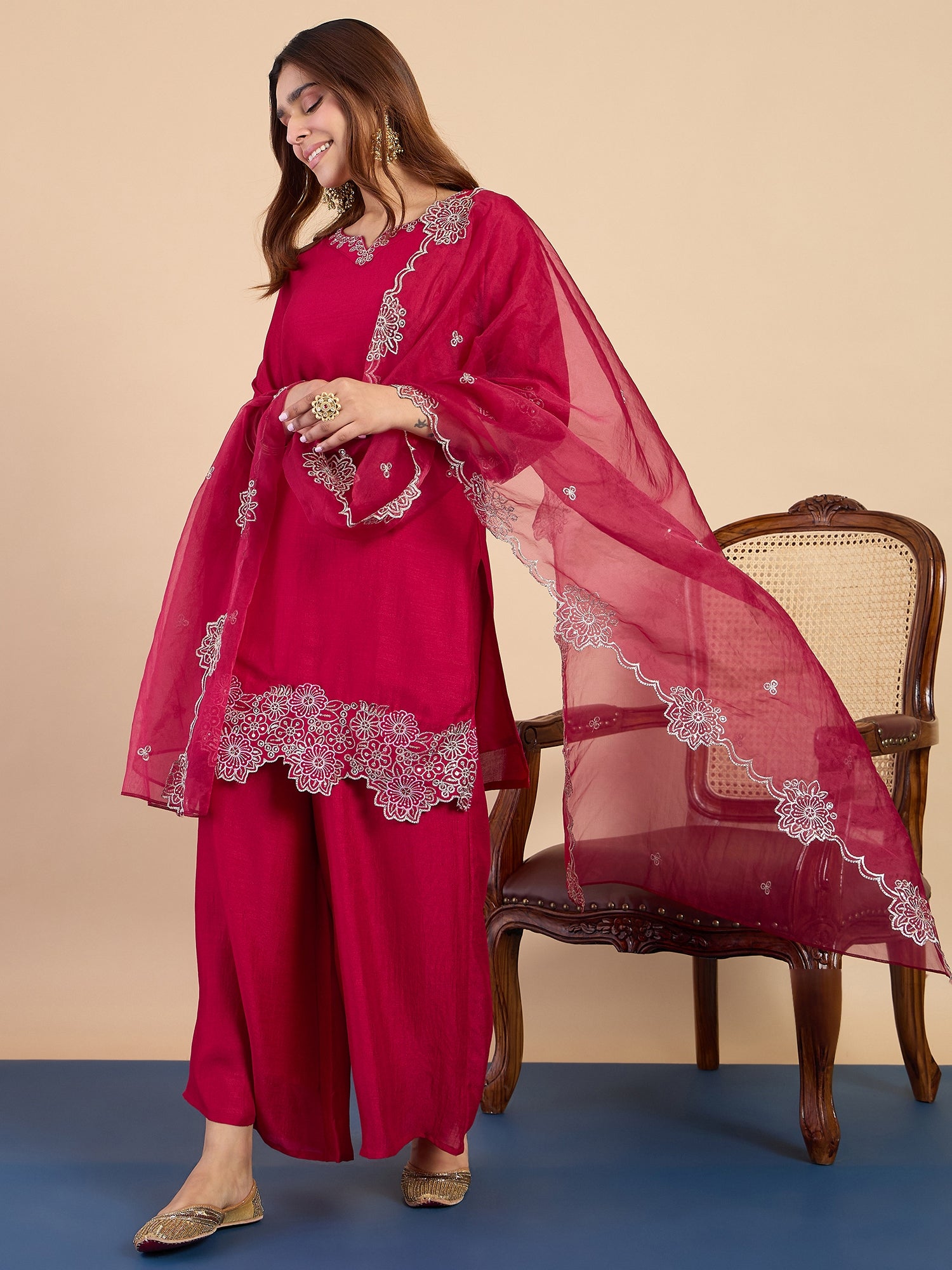 Khushi Women's Rani Festive Embroidered Yoke Kurta Palazzo Set