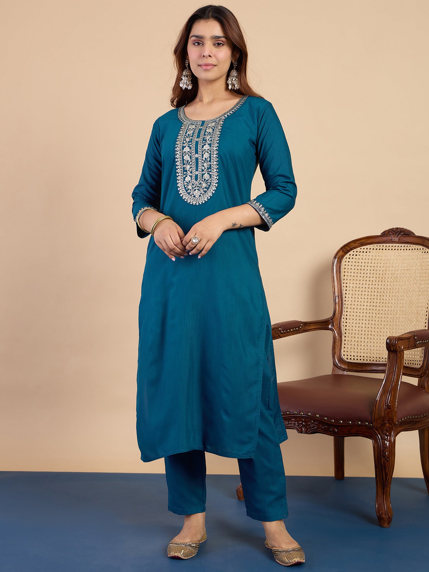 Zoya Women's Teal Festive Embroidered Yoke Straight Kurta Pant Set