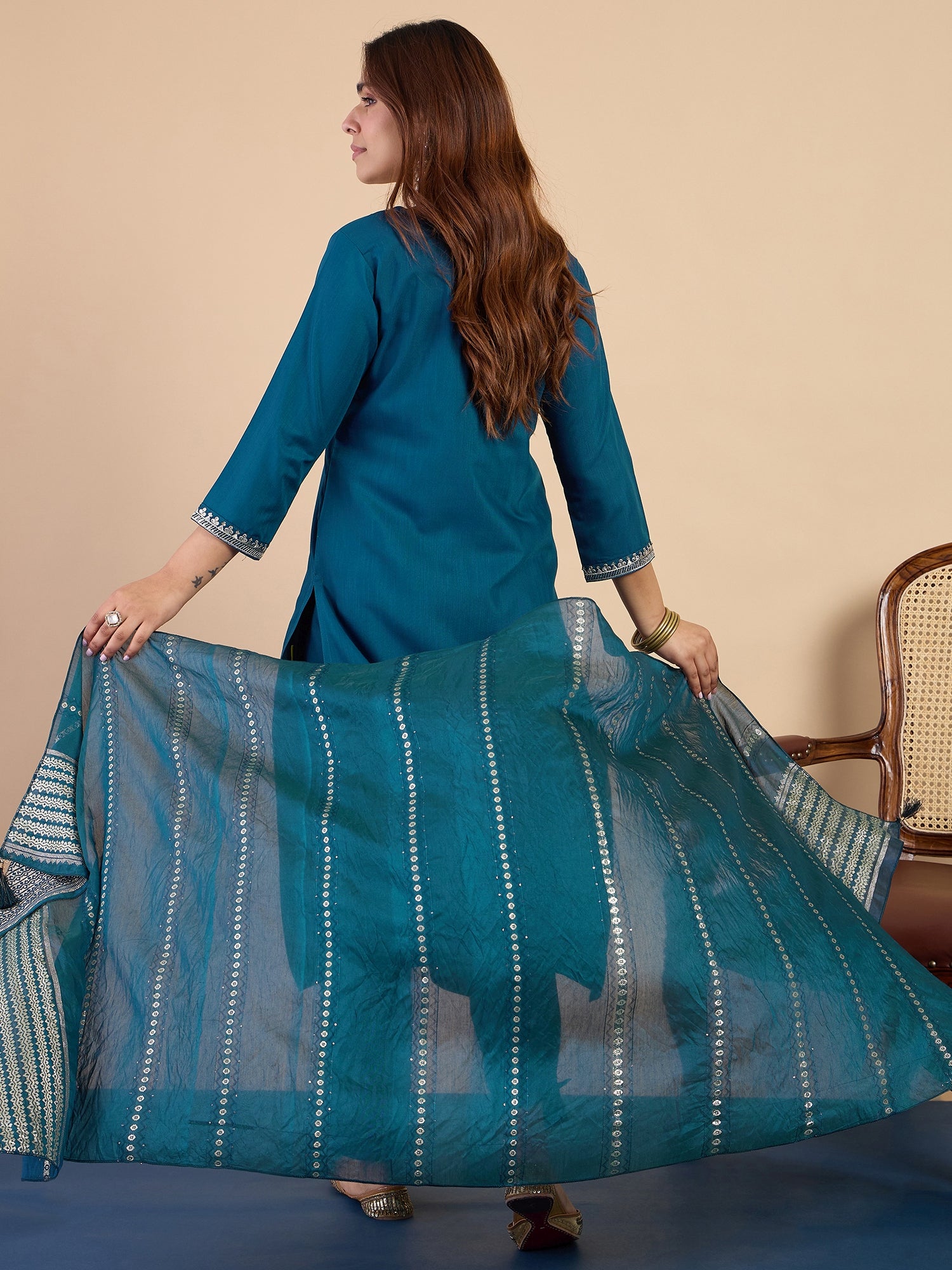 Zoya Women's Teal Festive Embroidered Yoke Straight Kurta Pant Set