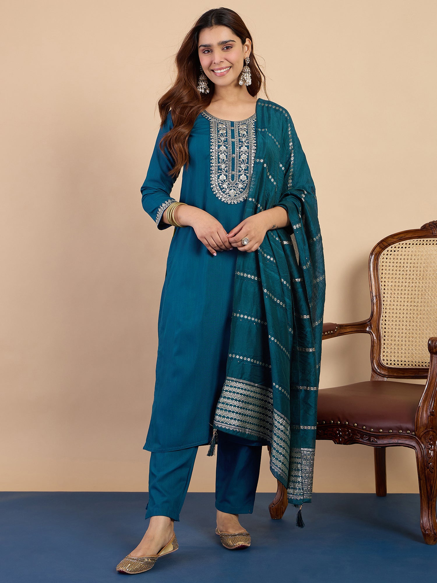 Zoya Women's Teal Festive Embroidered Yoke Straight Kurta Pant Set
