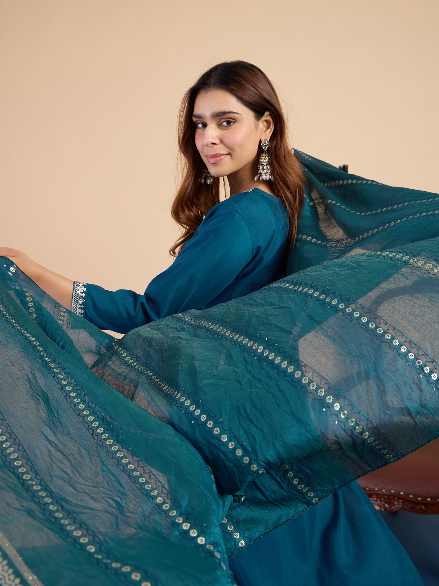 Zoya Women's Teal Festive Embroidered Yoke Straight Kurta Pant Set