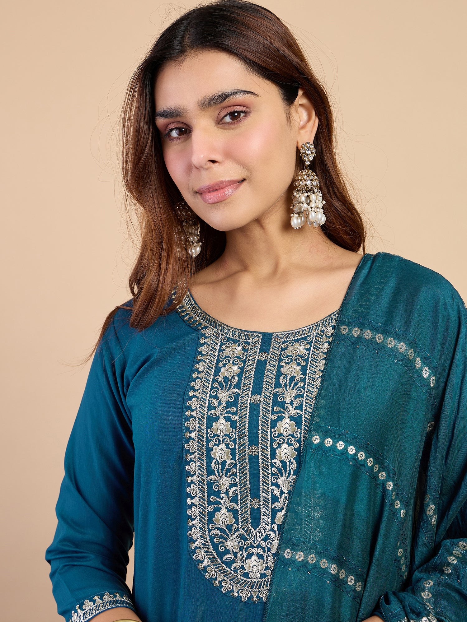 Zoya Women's Teal Festive Embroidered Yoke Straight Kurta Pant Set
