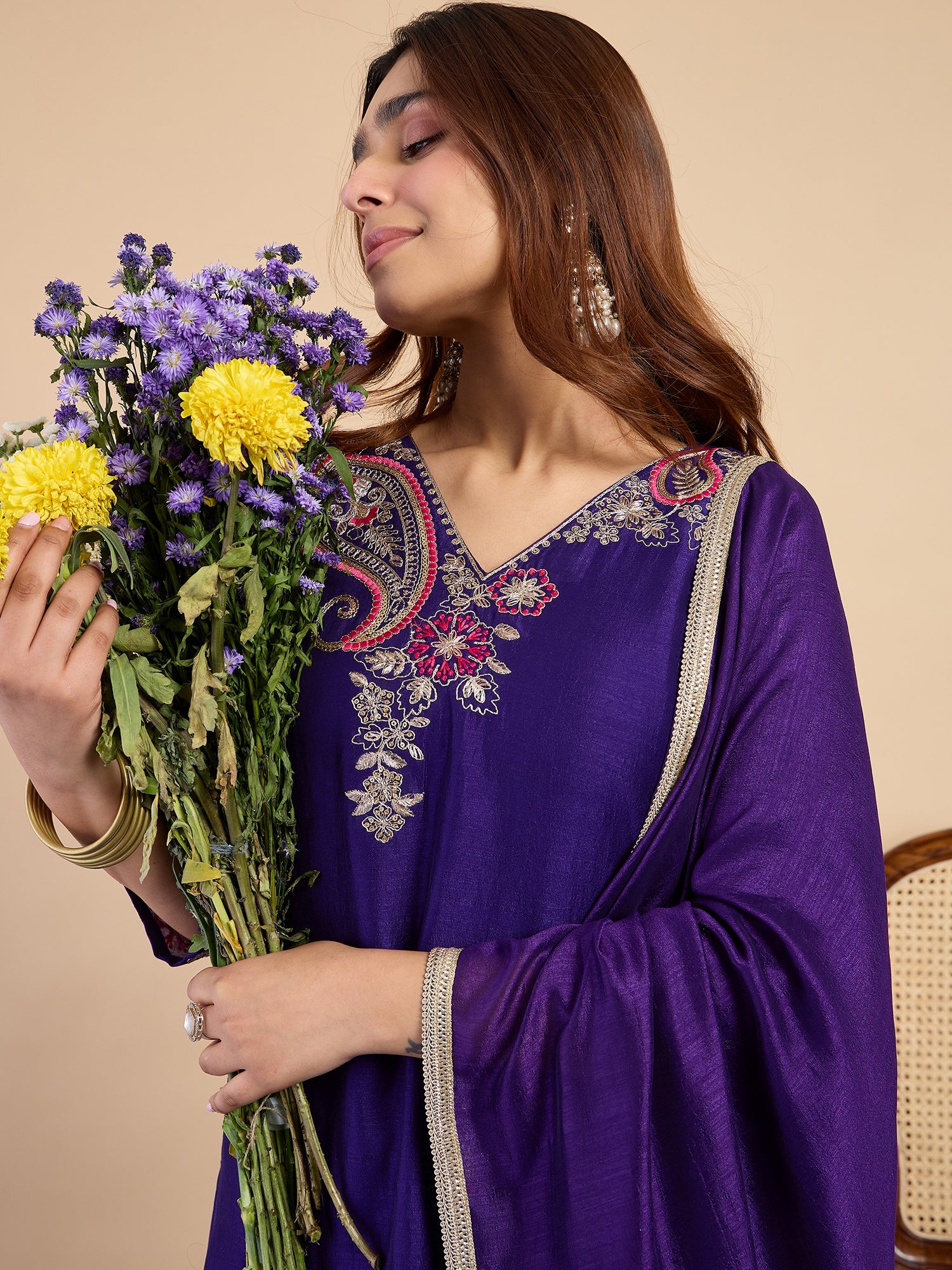Premium Purple Embroidered Kurta Pant Set
