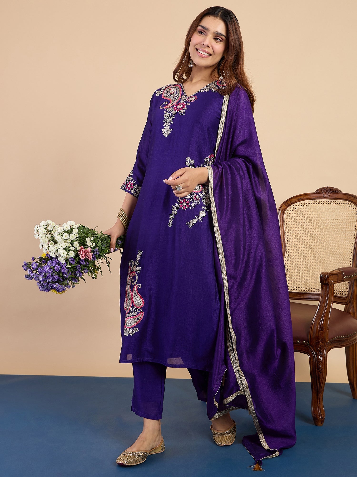 Premium Purple Embroidered Kurta Pant Set