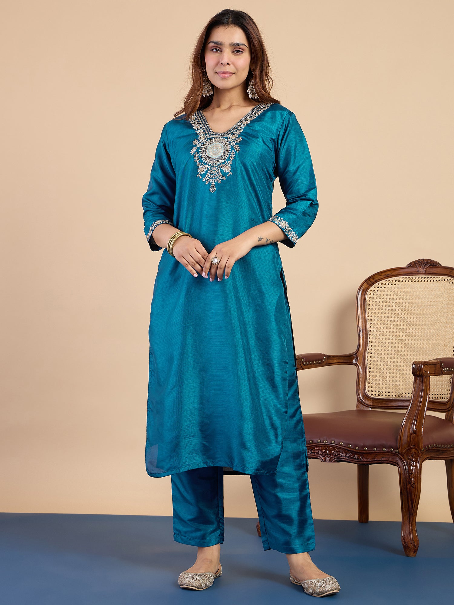 Riya Women's Teal Silk Blend Embroidered Yoke Kurta Set with Zari Striped Dupatta