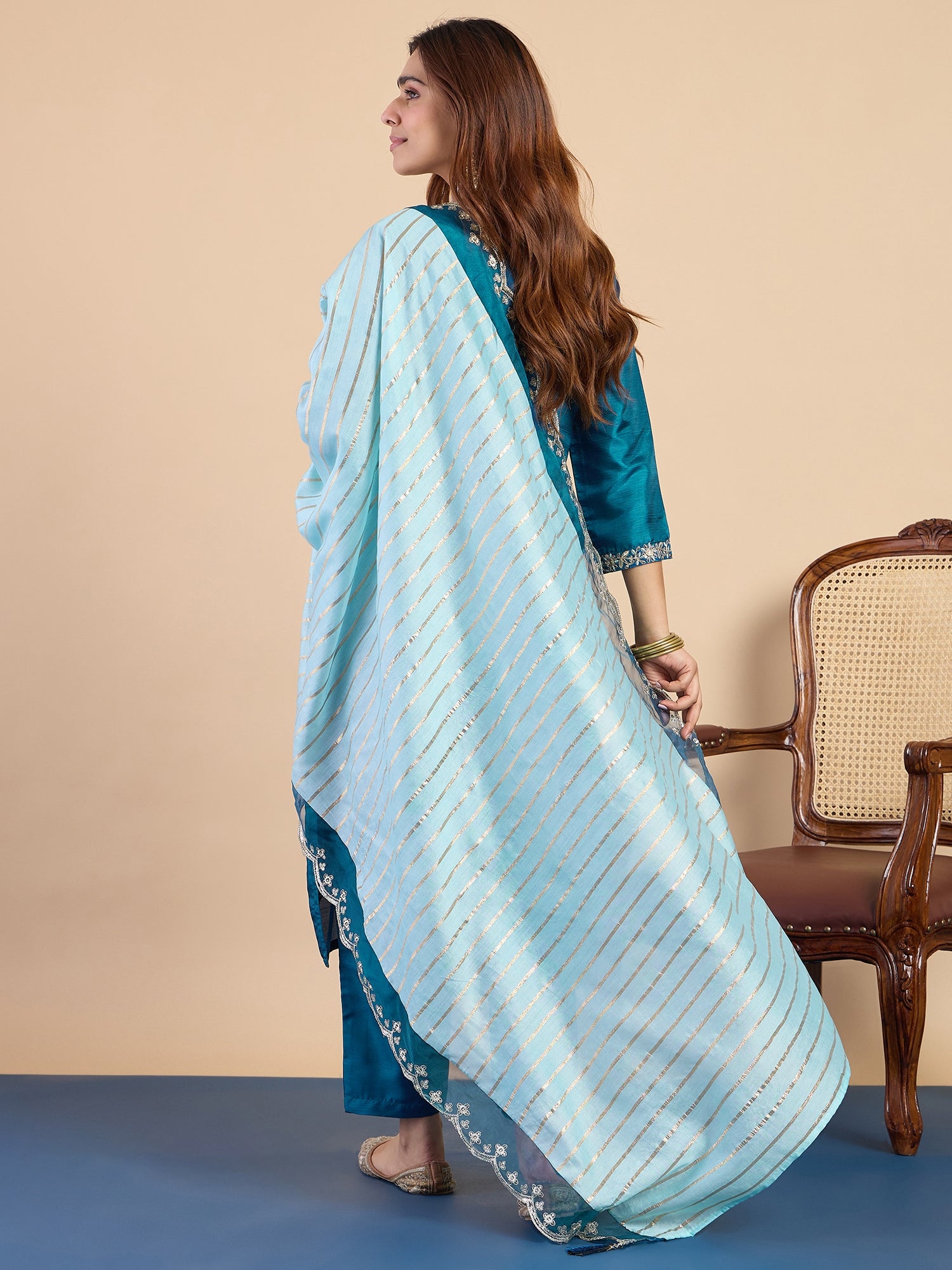 Riya Women's Teal Silk Blend Embroidered Yoke Kurta Set with Zari Striped Dupatta