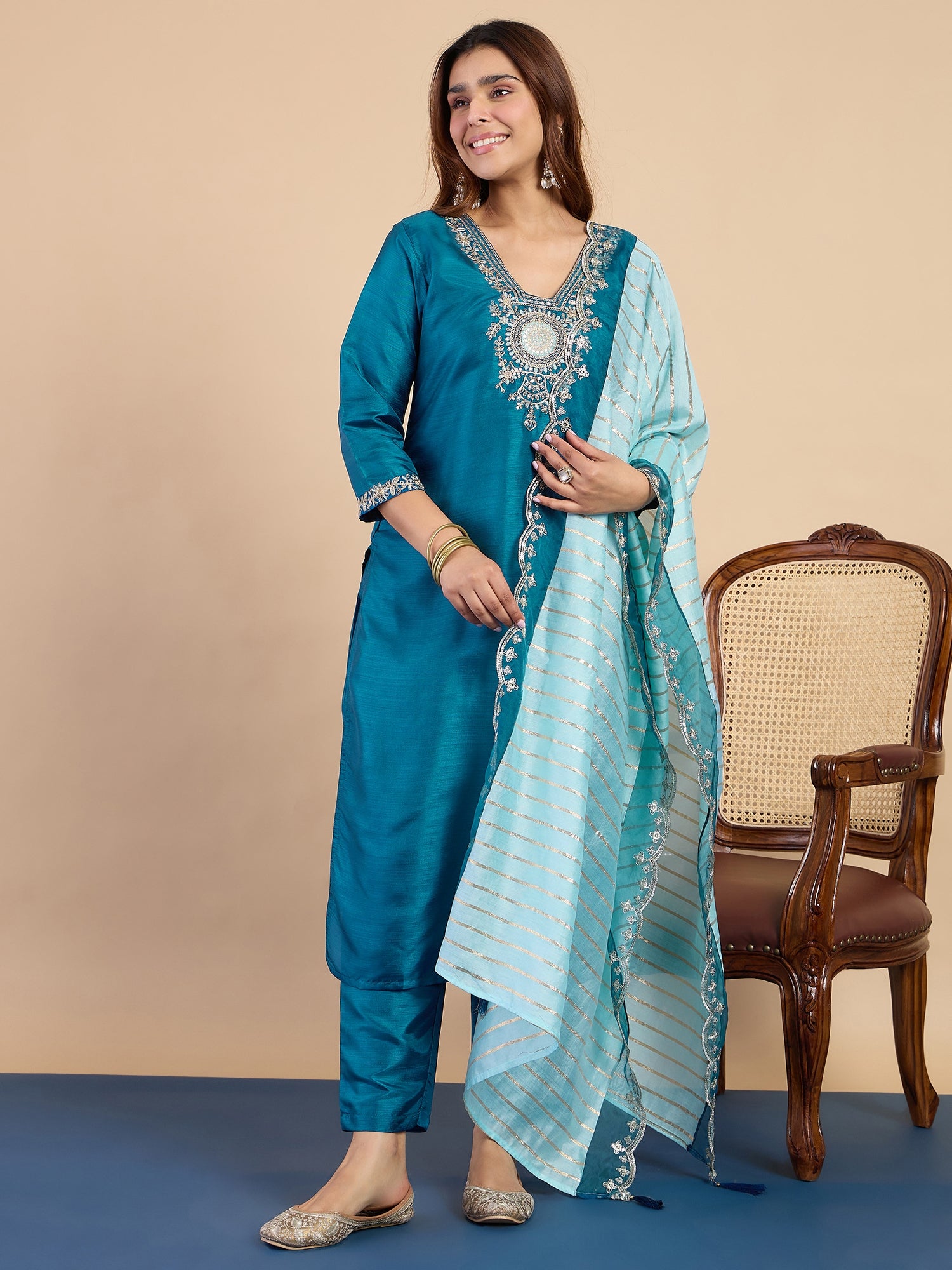 Rangmahal Teal Women's Designer Kurta Pant Set Premium Pattern Collection