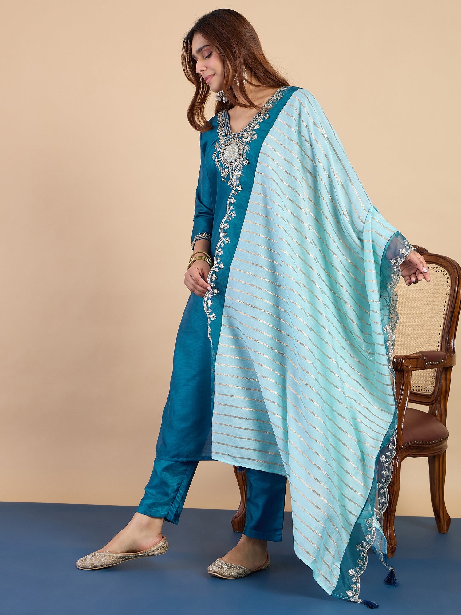 Rangmahal Teal Women's Designer Kurta Pant Set Premium Pattern Collection