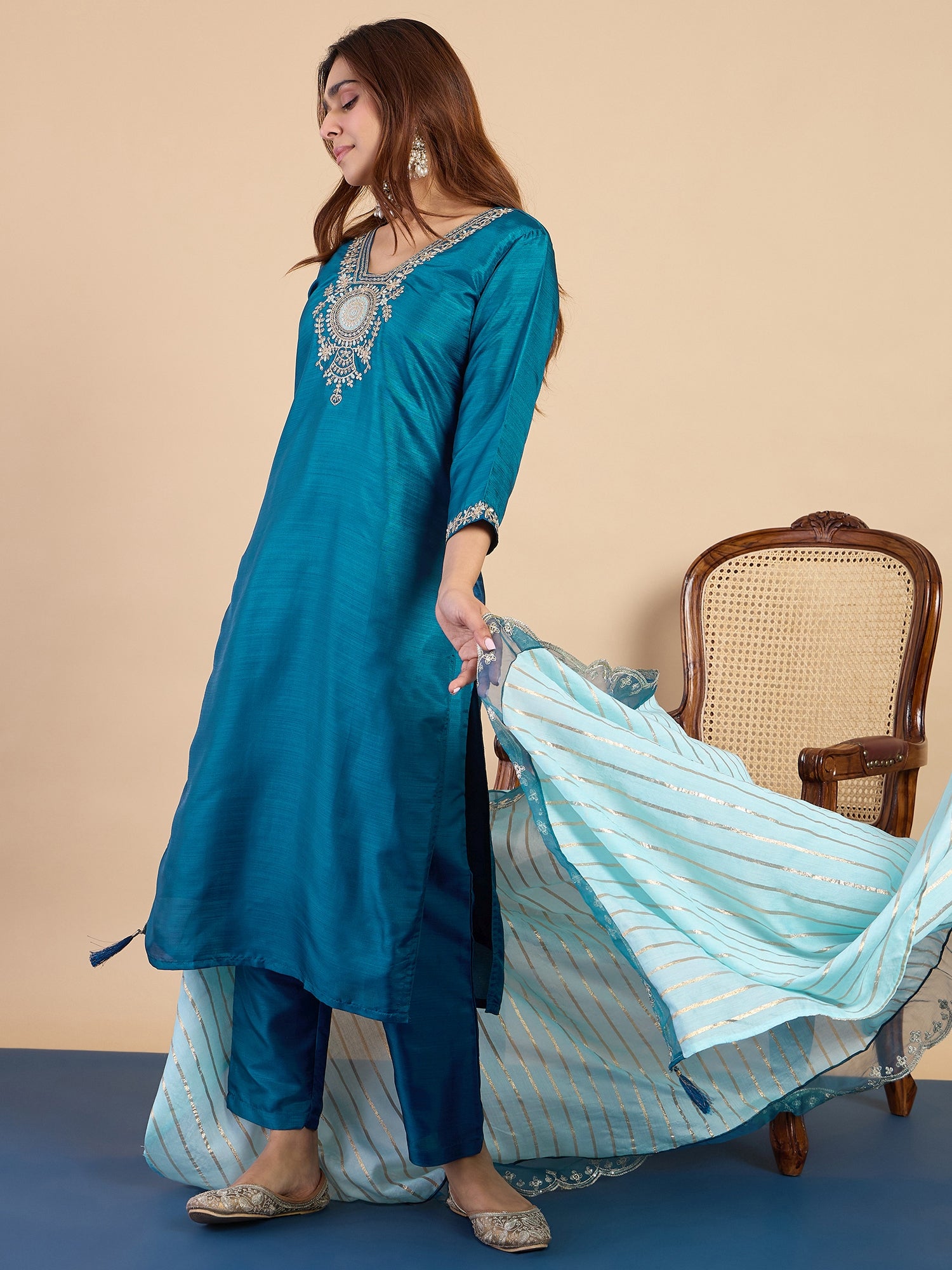 Rangmahal Teal Women's Designer Kurta Pant Set Premium Pattern Collection