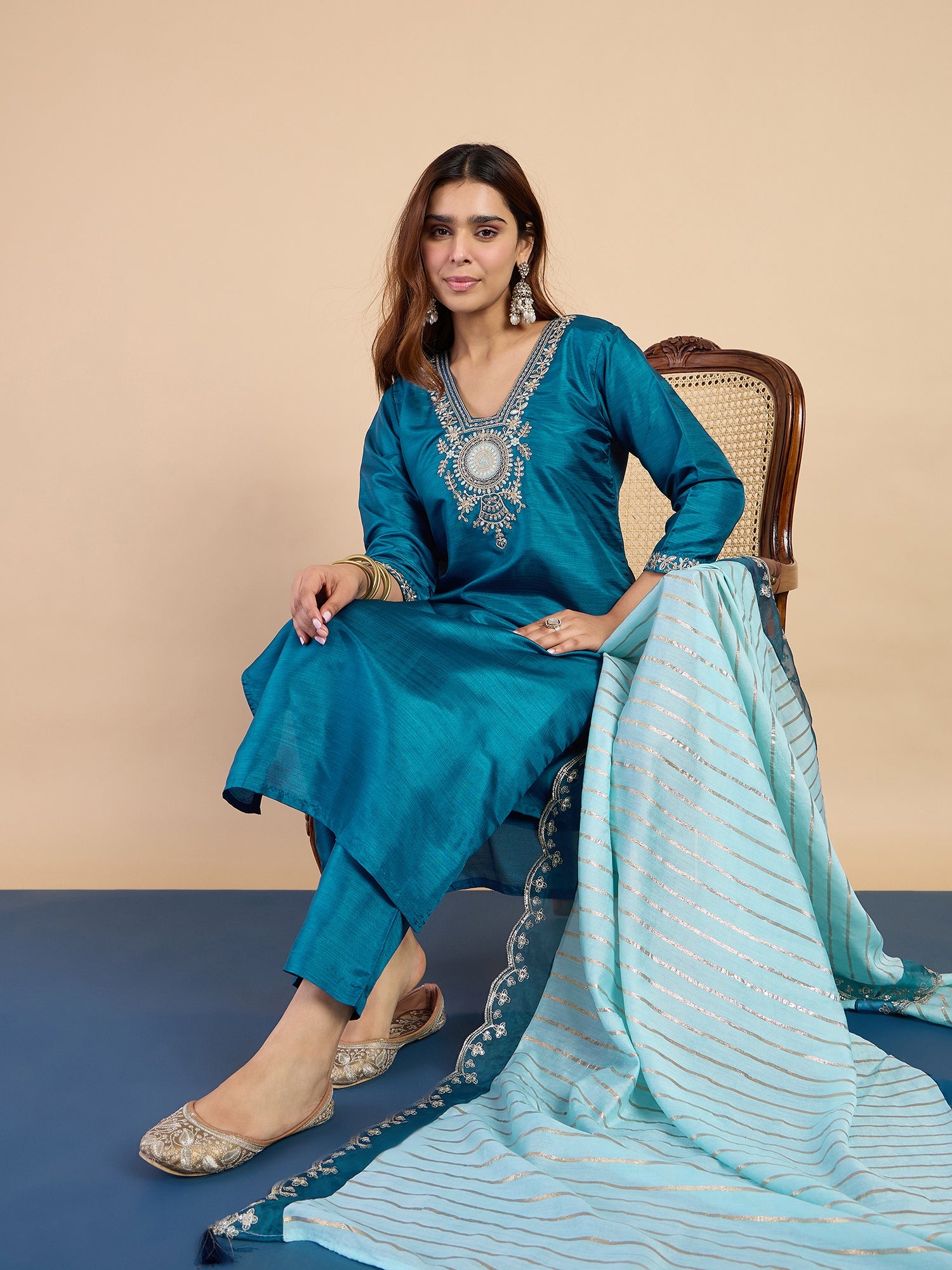Riya Women's Teal Silk Blend Embroidered Yoke Kurta Set with Zari Striped Dupatta