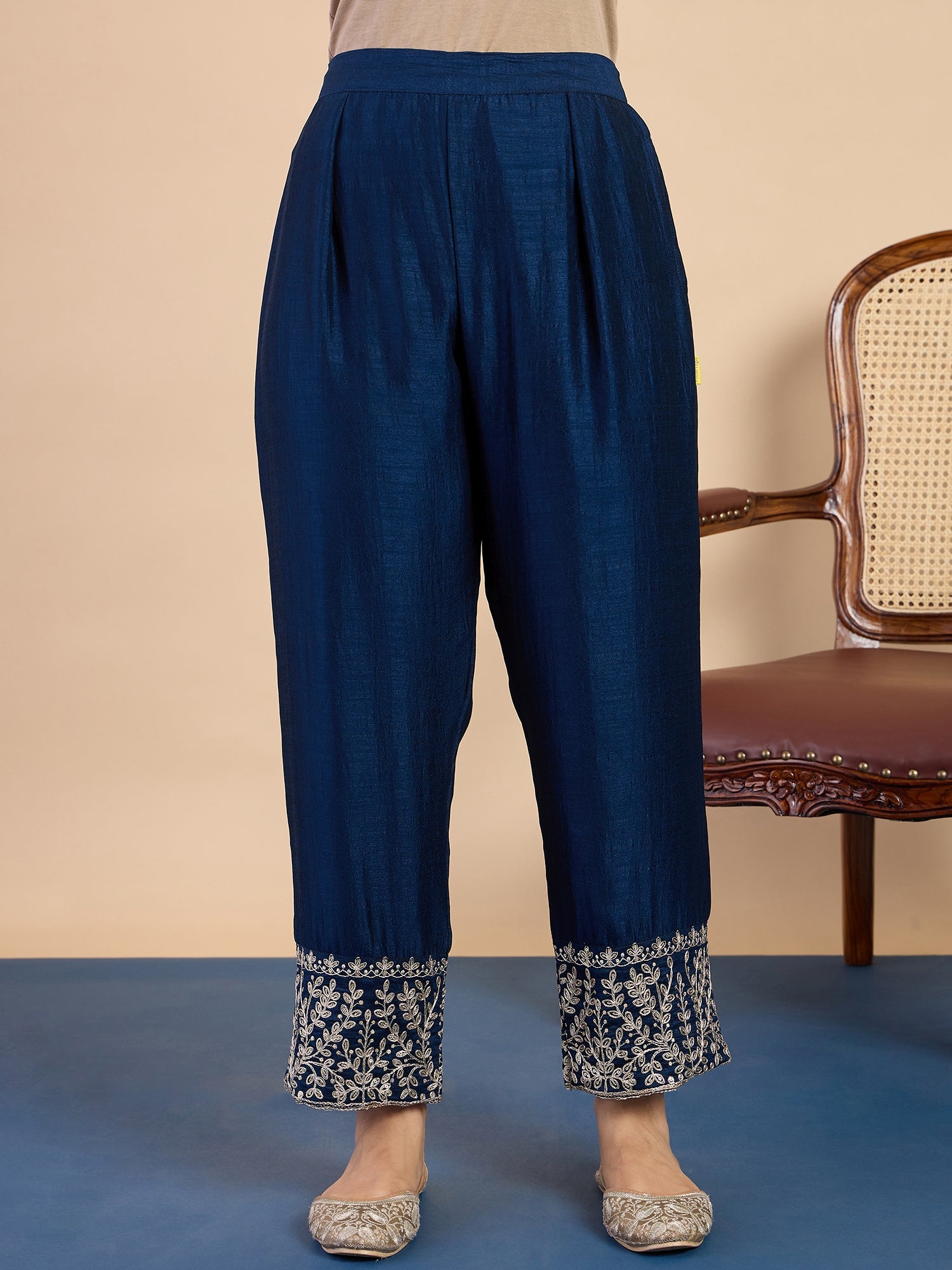 Vedika Women's Teal Blue Festive Embroidered Yoke Straight Kurta Pant Set