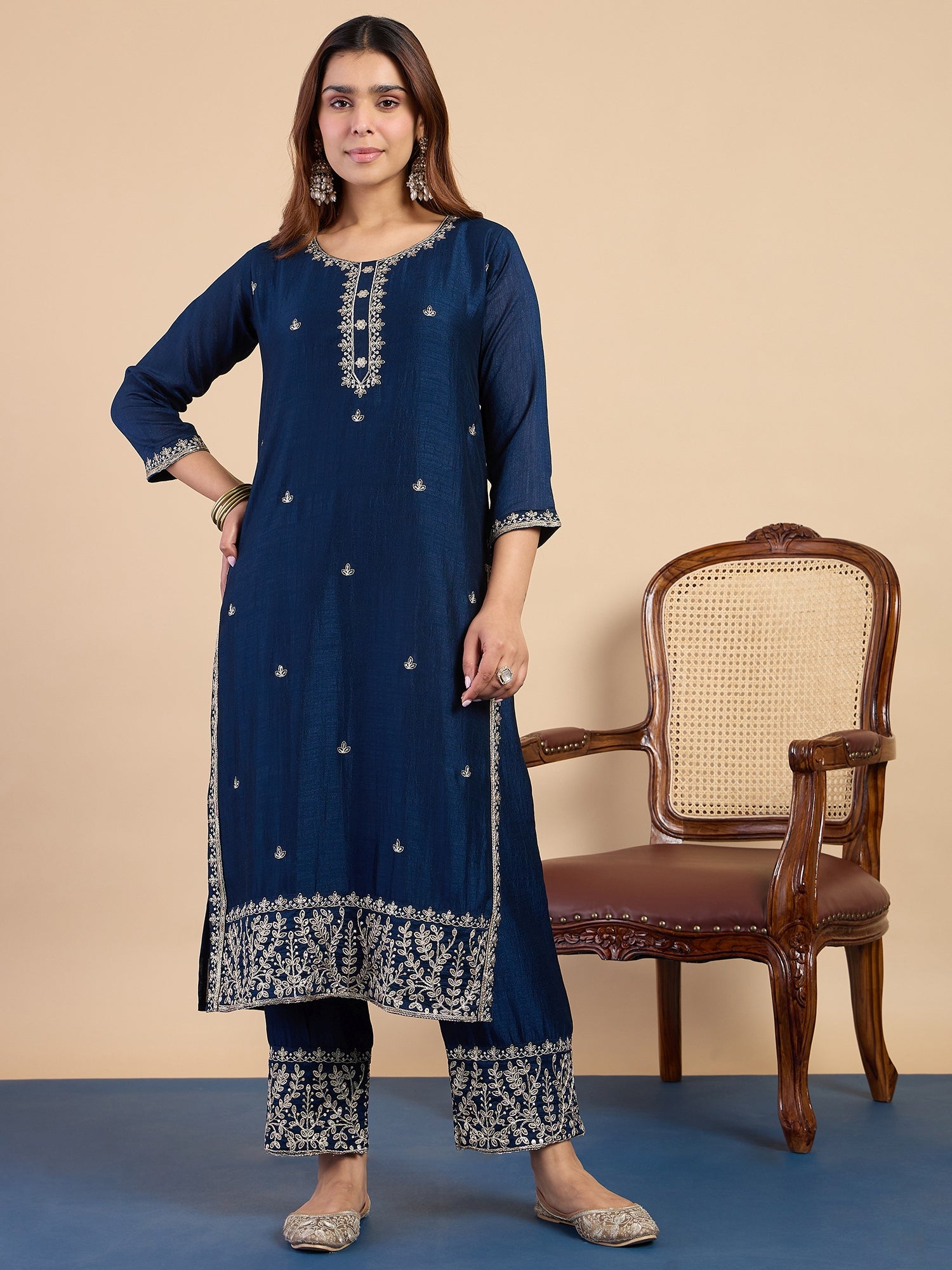 Vedika Women's Teal Blue Festive Embroidered Yoke Straight Kurta Pant Set