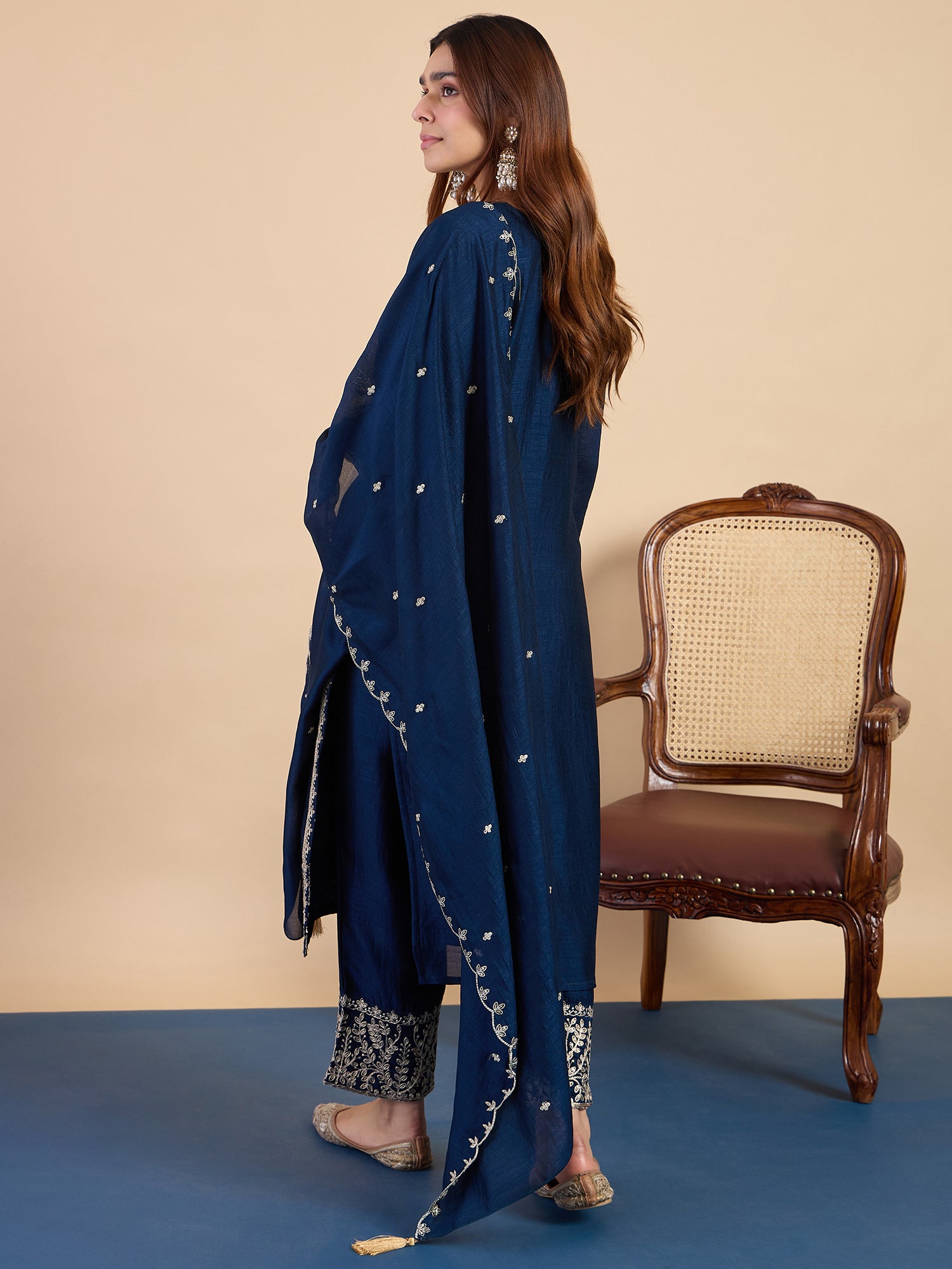 Vedika Women's Teal Blue Festive Embroidered Yoke Straight Kurta Pant Set