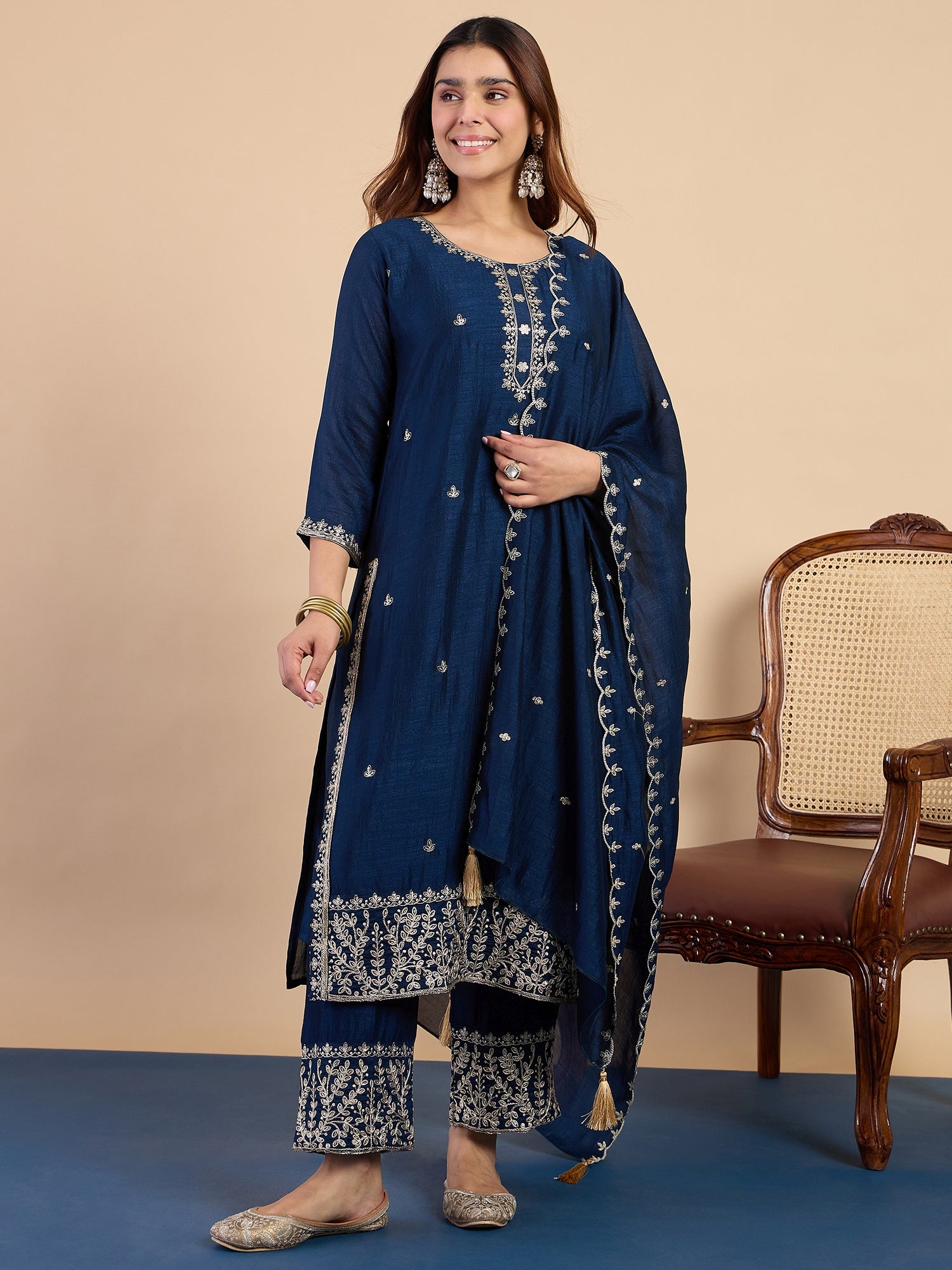 Vedika Women's Teal Blue Festive Embroidered Yoke Straight Kurta Pant Set