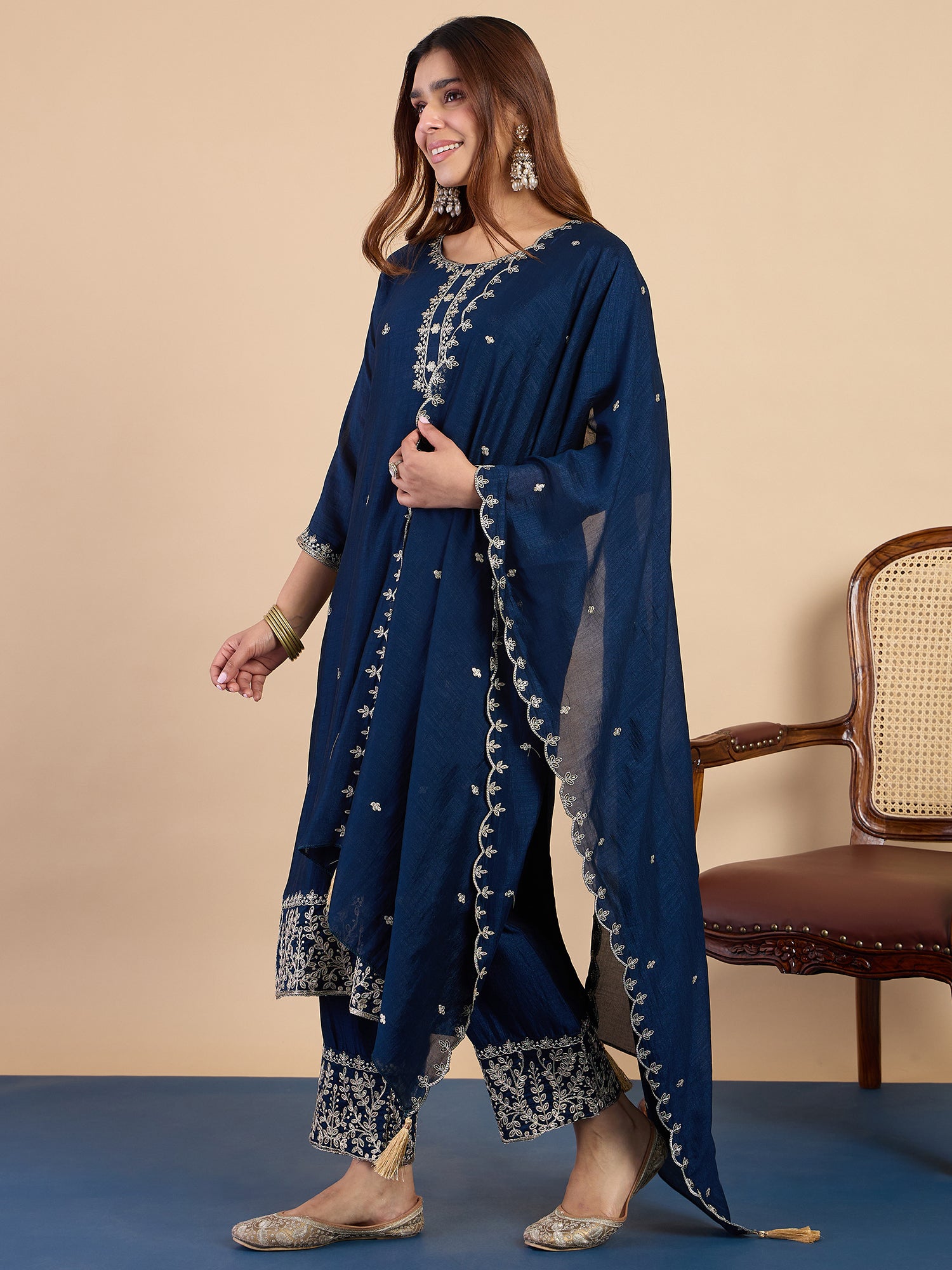 Vedika Women's Teal Blue Festive Embroidered Yoke Straight Kurta Pant Set