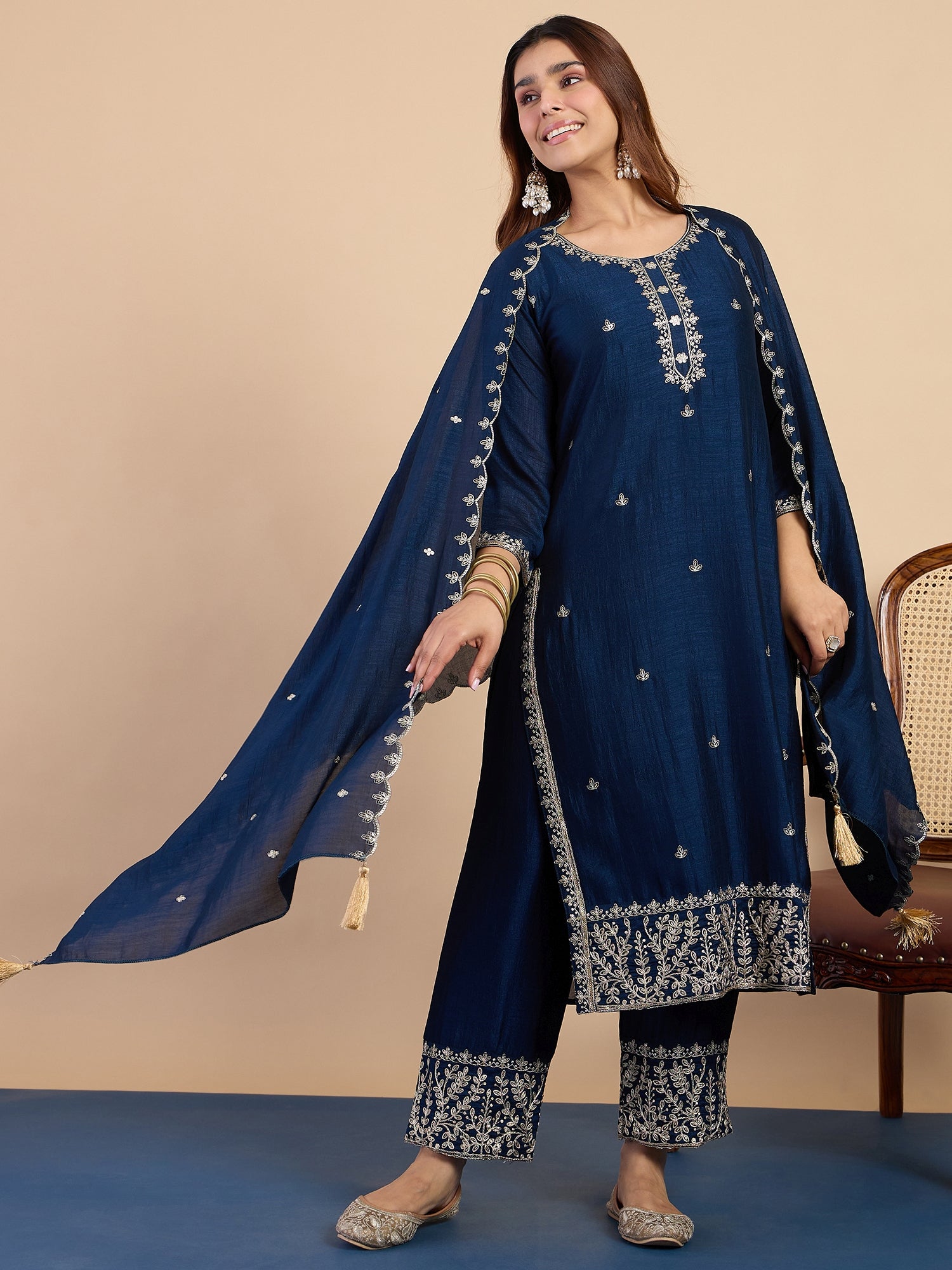 Vedika Women's Teal Blue Festive Embroidered Yoke Straight Kurta Pant Set