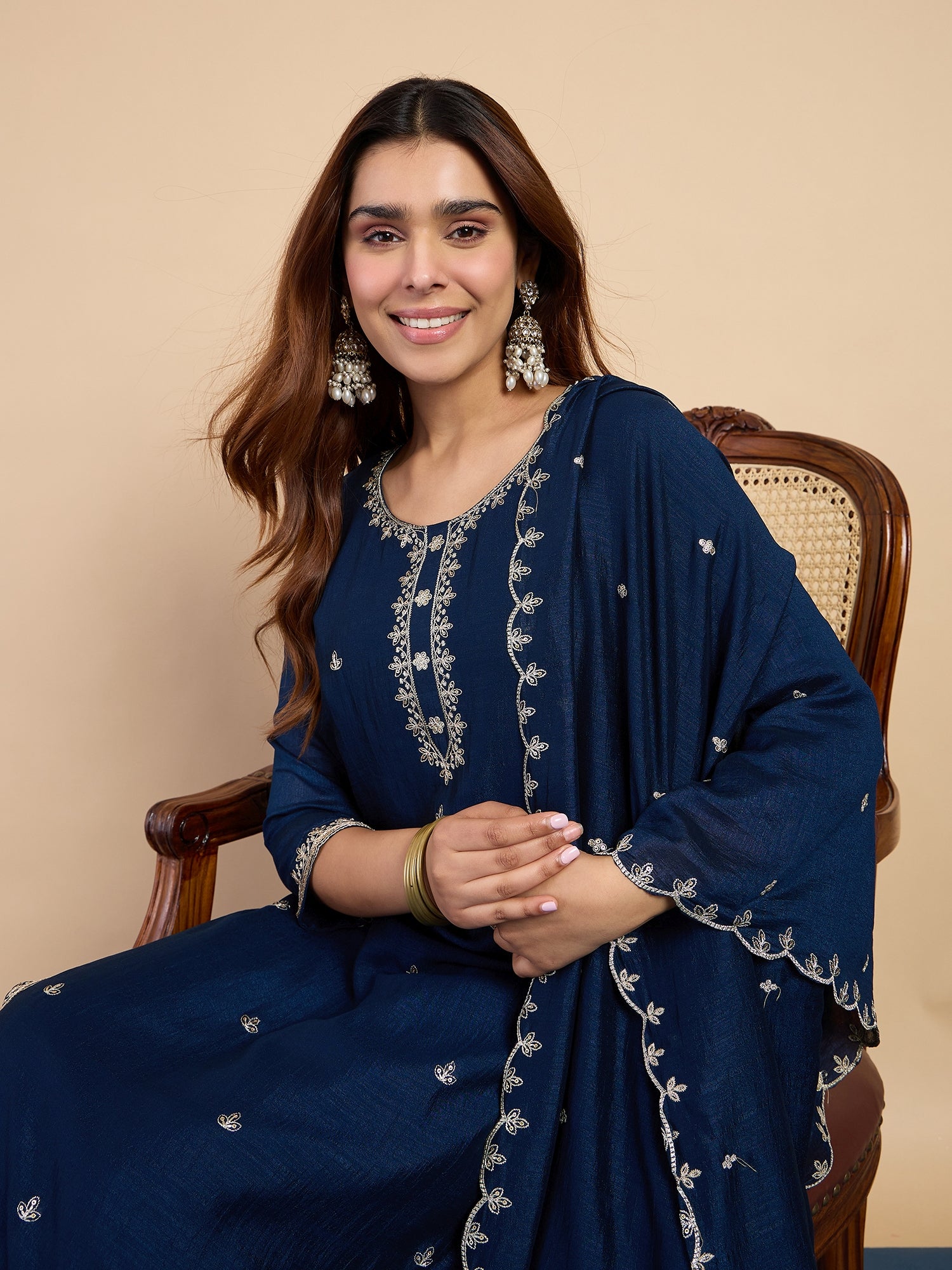 Vedika Women's Teal Blue Festive Embroidered Yoke Straight Kurta Pant Set
