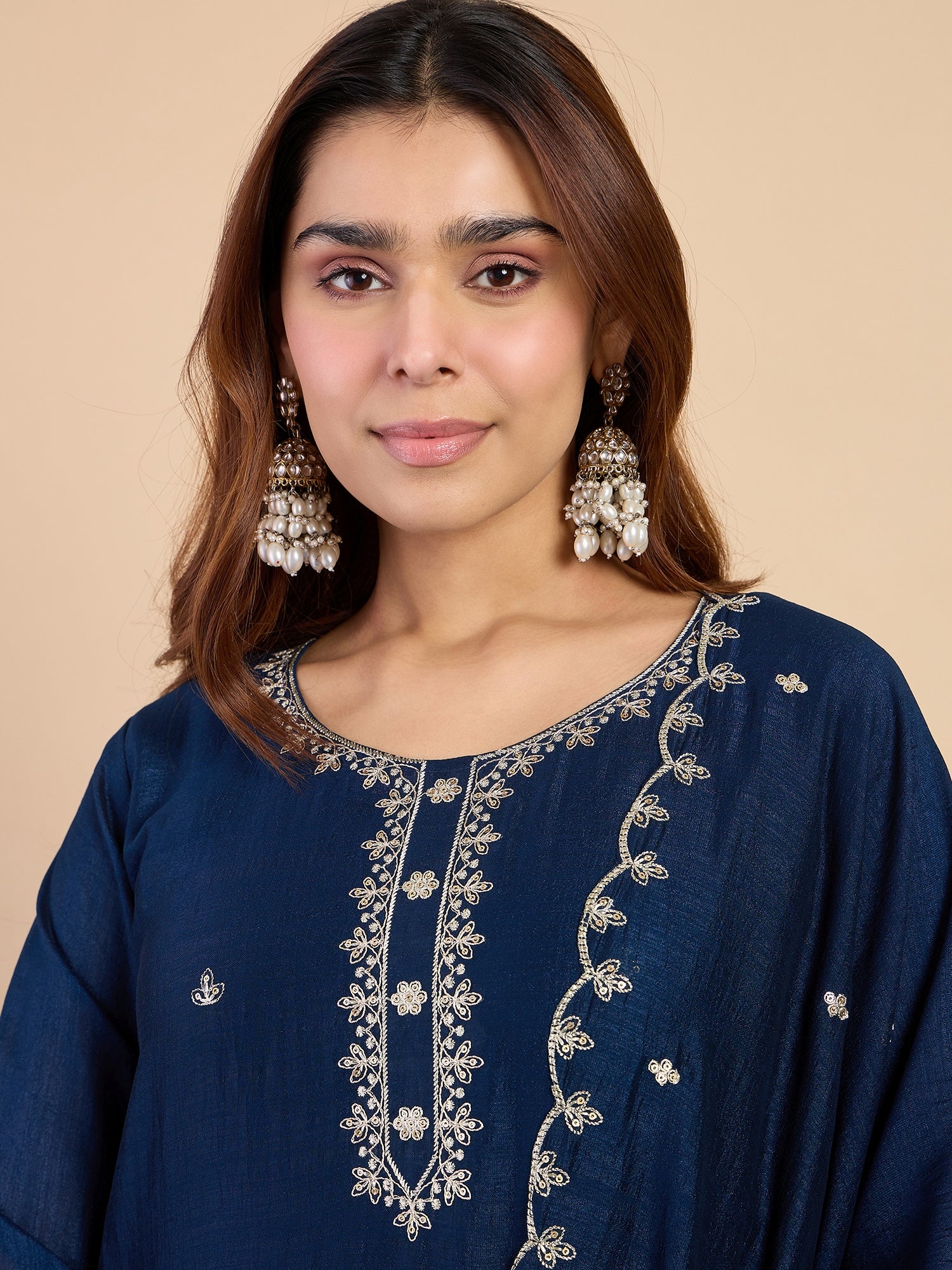 Vedika Women's Teal Blue Festive Embroidered Yoke Straight Kurta Pant Set