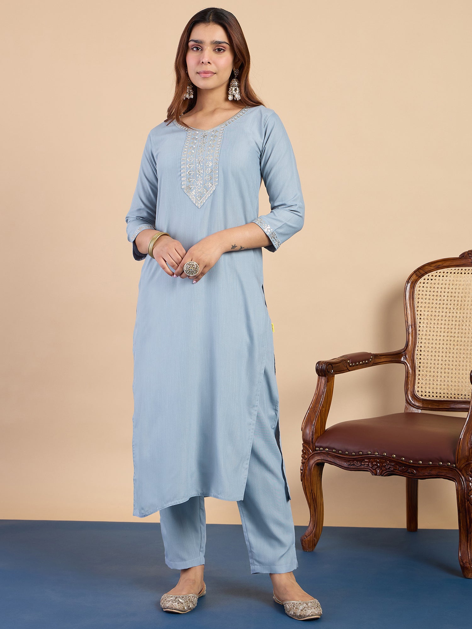 Avani Women's Grey Festive Embroidered Yoke Straight Kurta Set