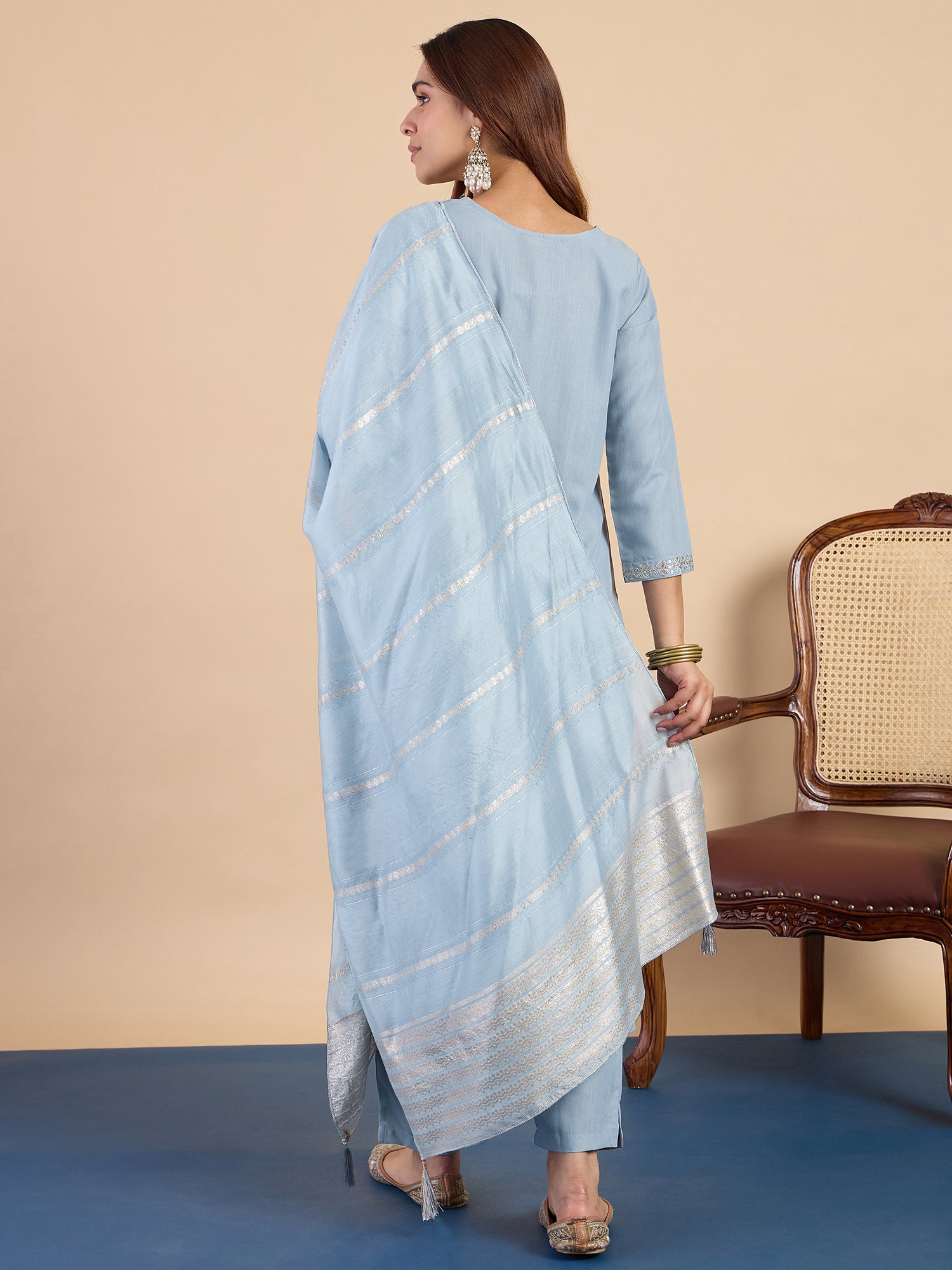Avani Women's Grey Festive Embroidered Yoke Straight Kurta Set