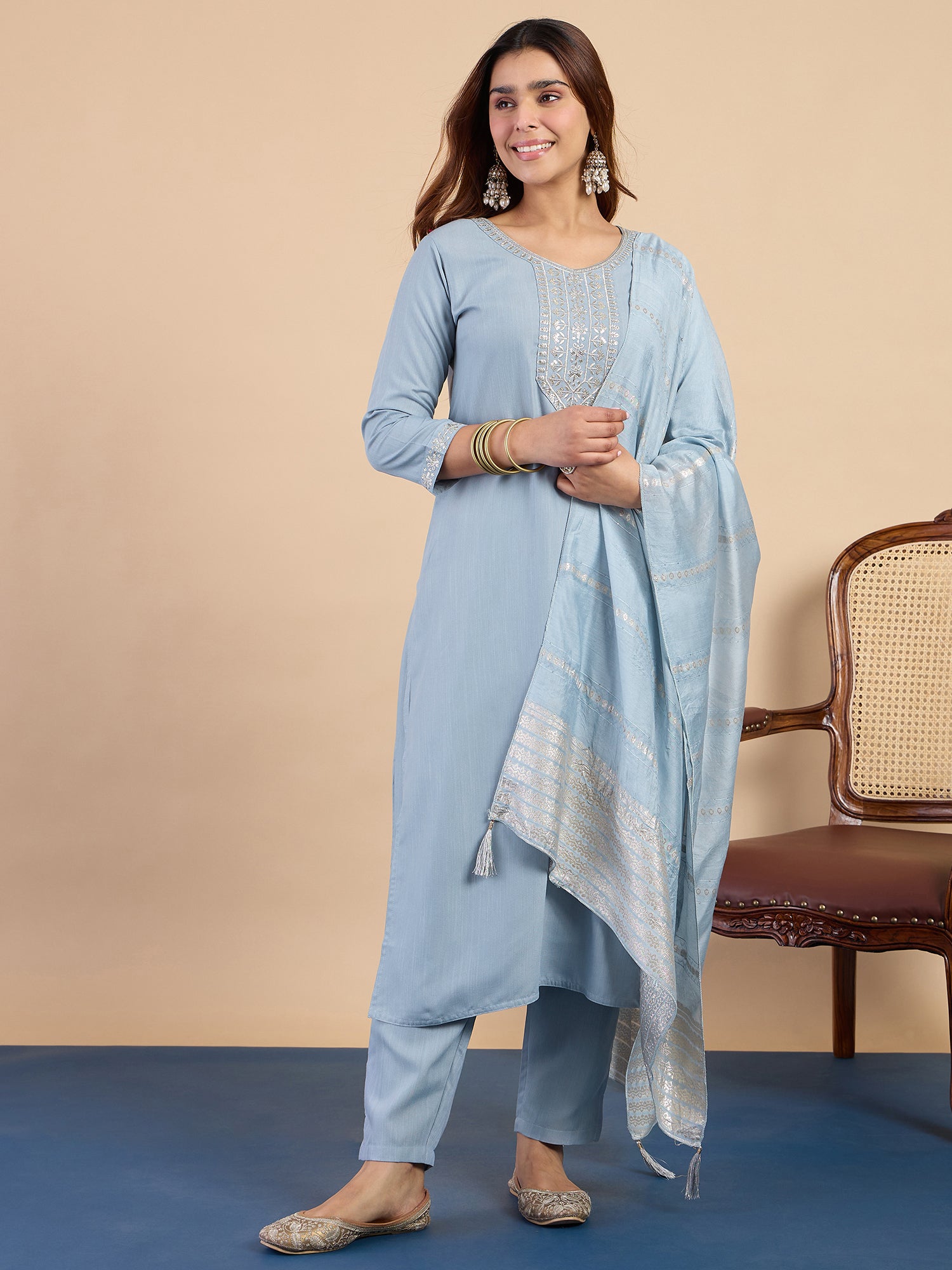 Avani Women's Grey Festive Embroidered Yoke Straight Kurta Set