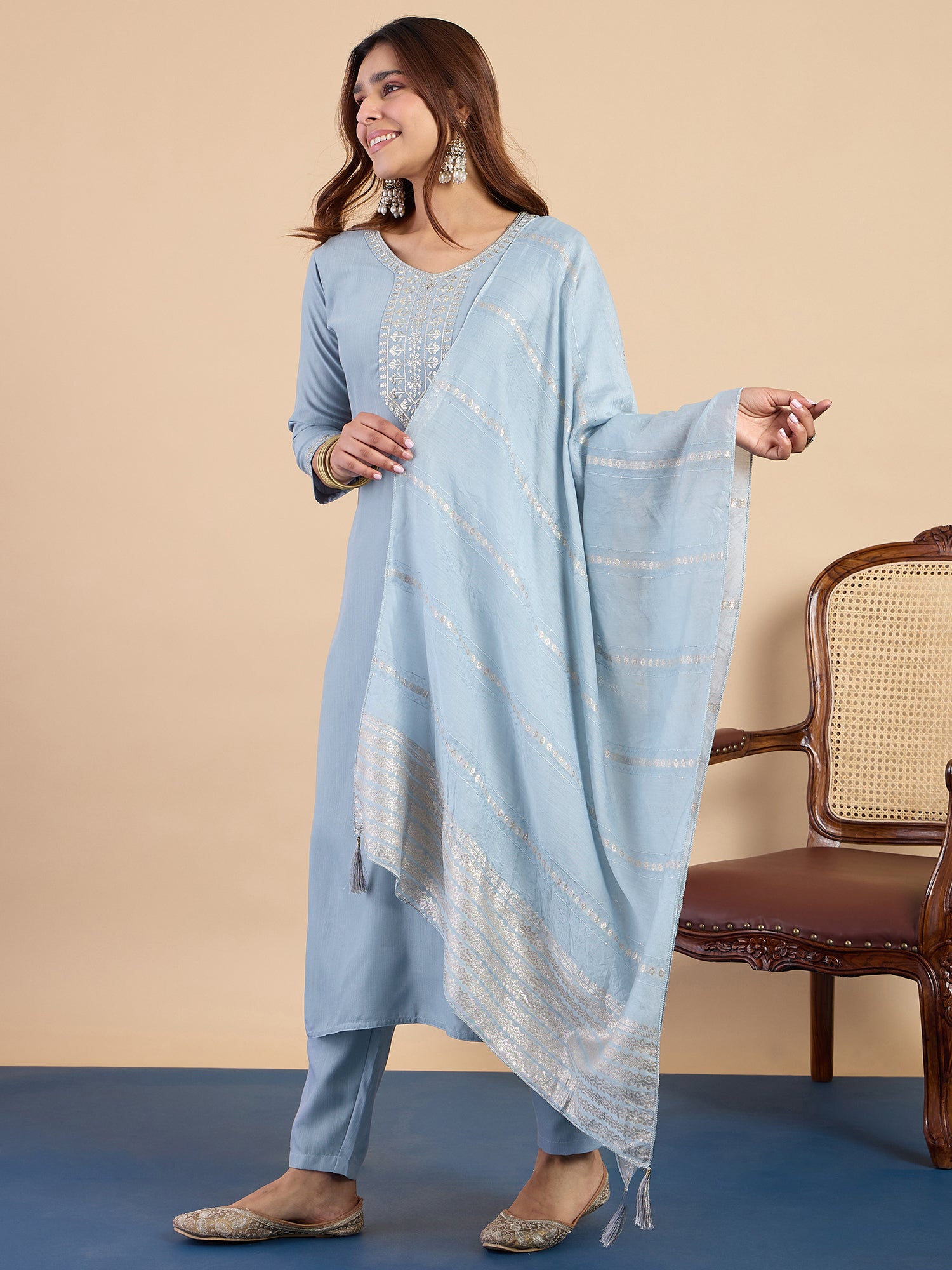 Avani Women's Grey Festive Embroidered Yoke Straight Kurta Set