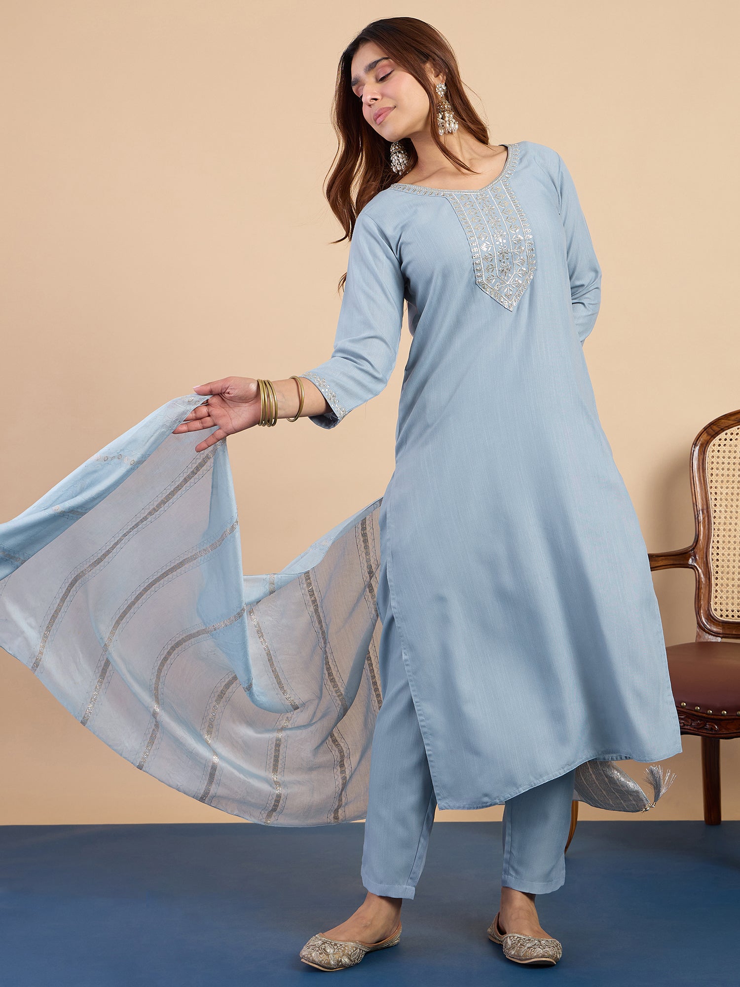 Avani Women's Grey Festive Embroidered Yoke Straight Kurta Set