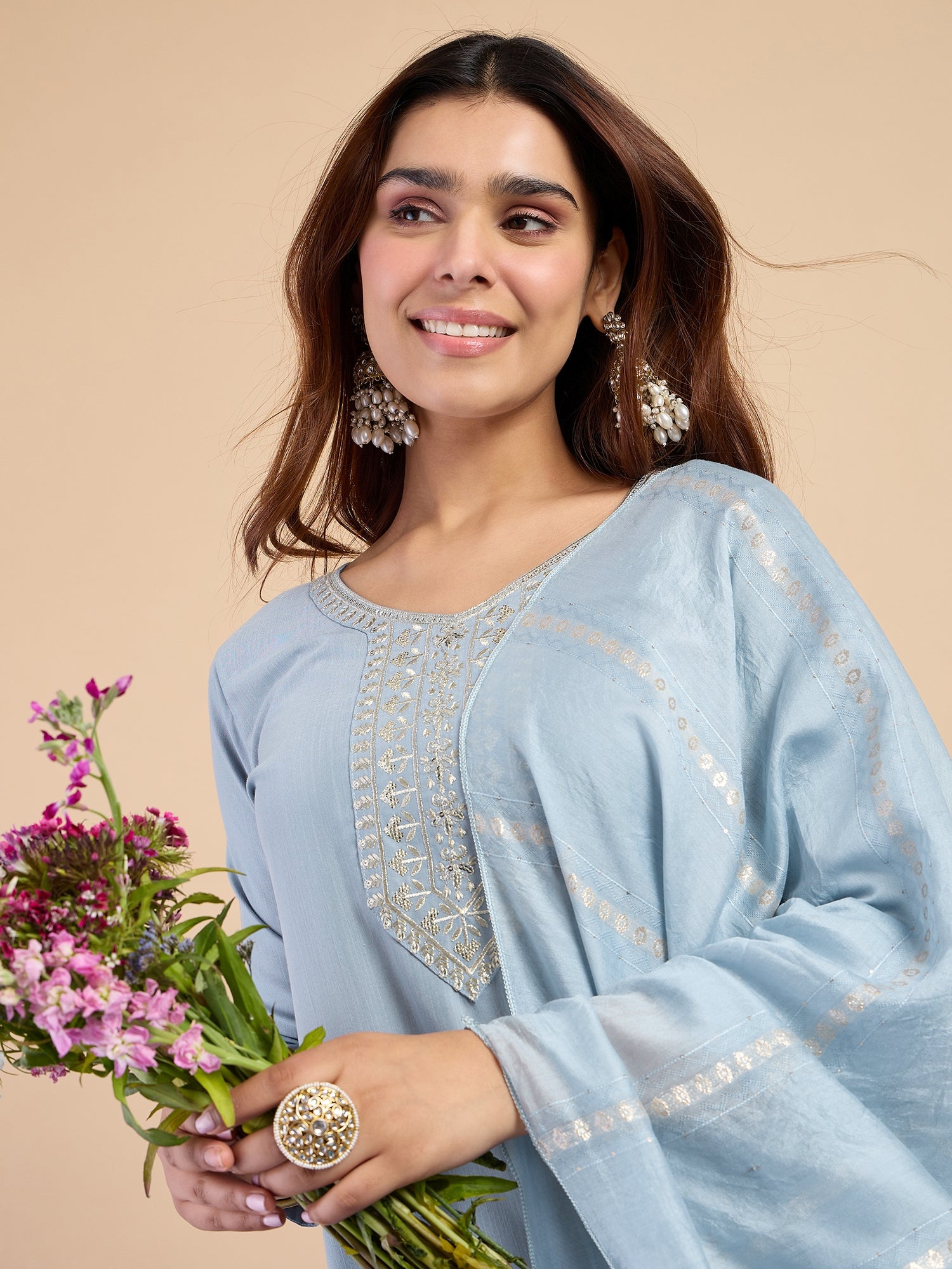 Avani Women's Grey Festive Embroidered Yoke Straight Kurta Set