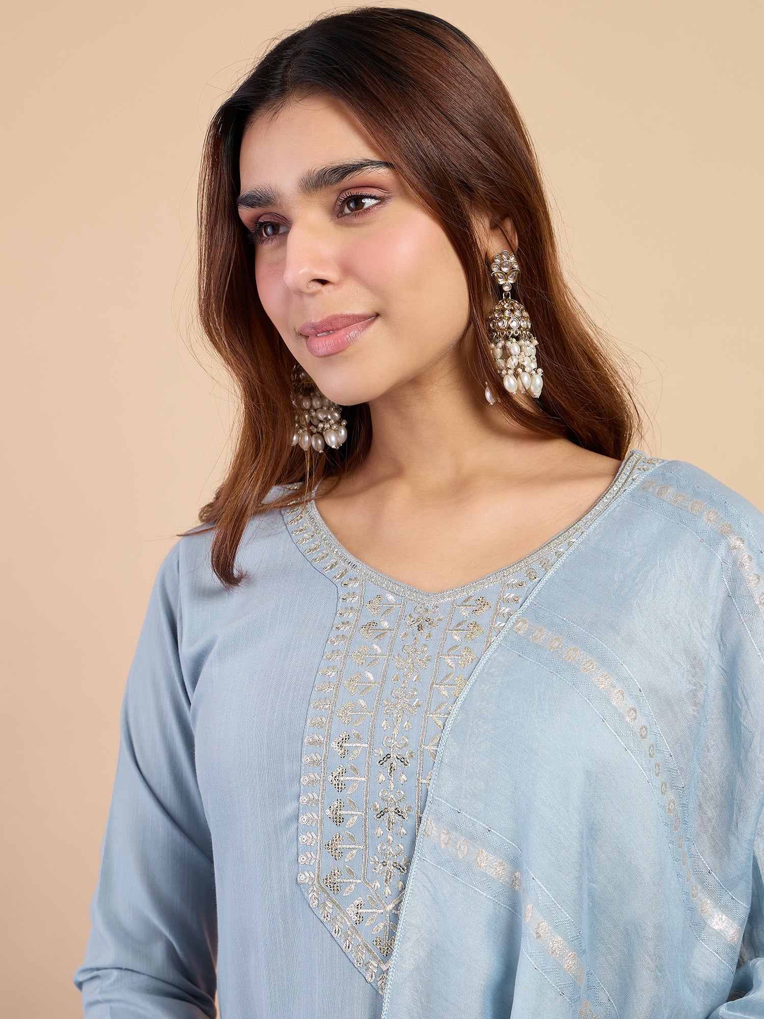 Avani Women's Grey Festive Embroidered Yoke Straight Kurta Set
