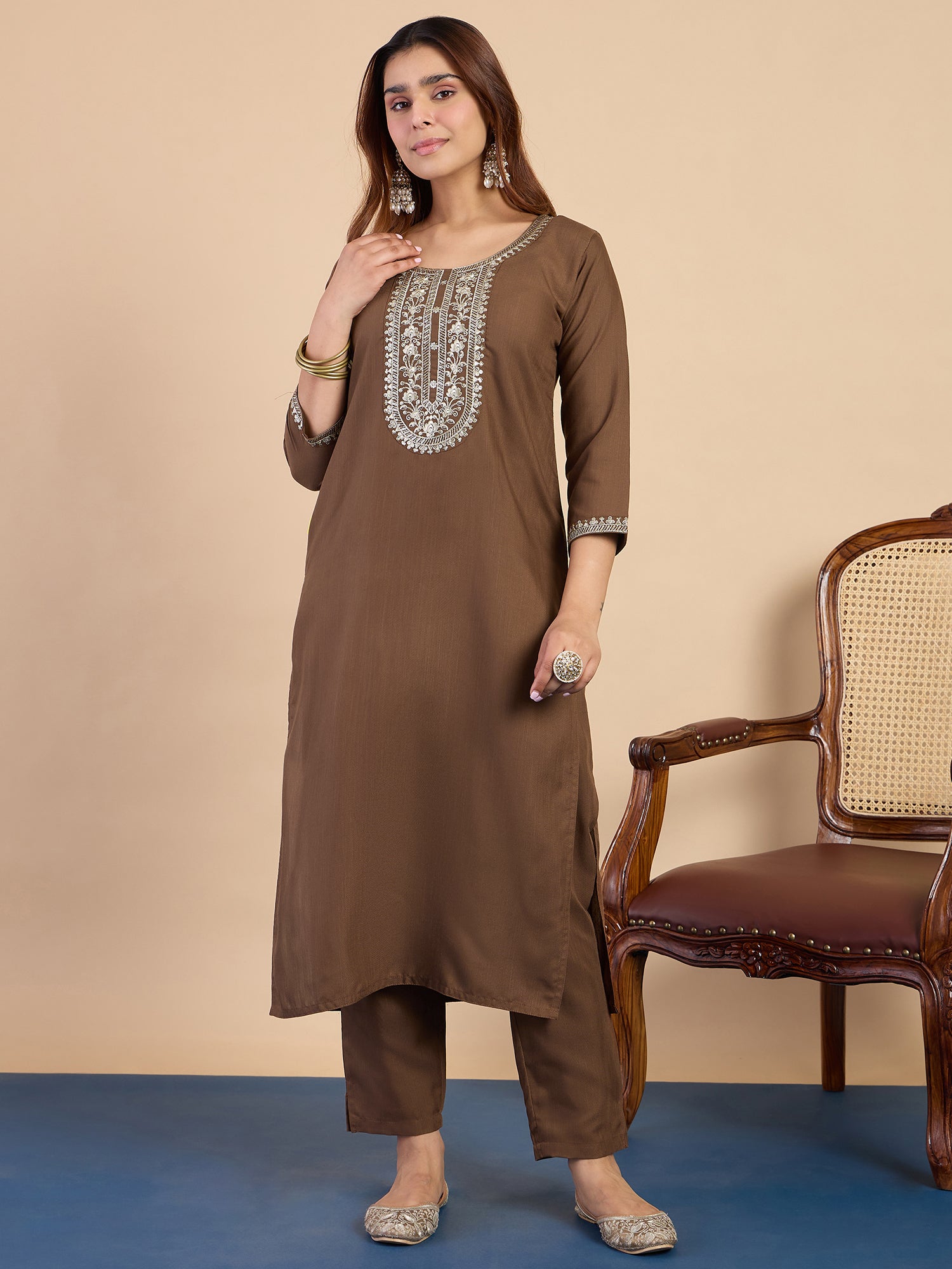 Mehak Women's Brown Embroidered Yoke Design Straight Kurta Set with Dupatta
